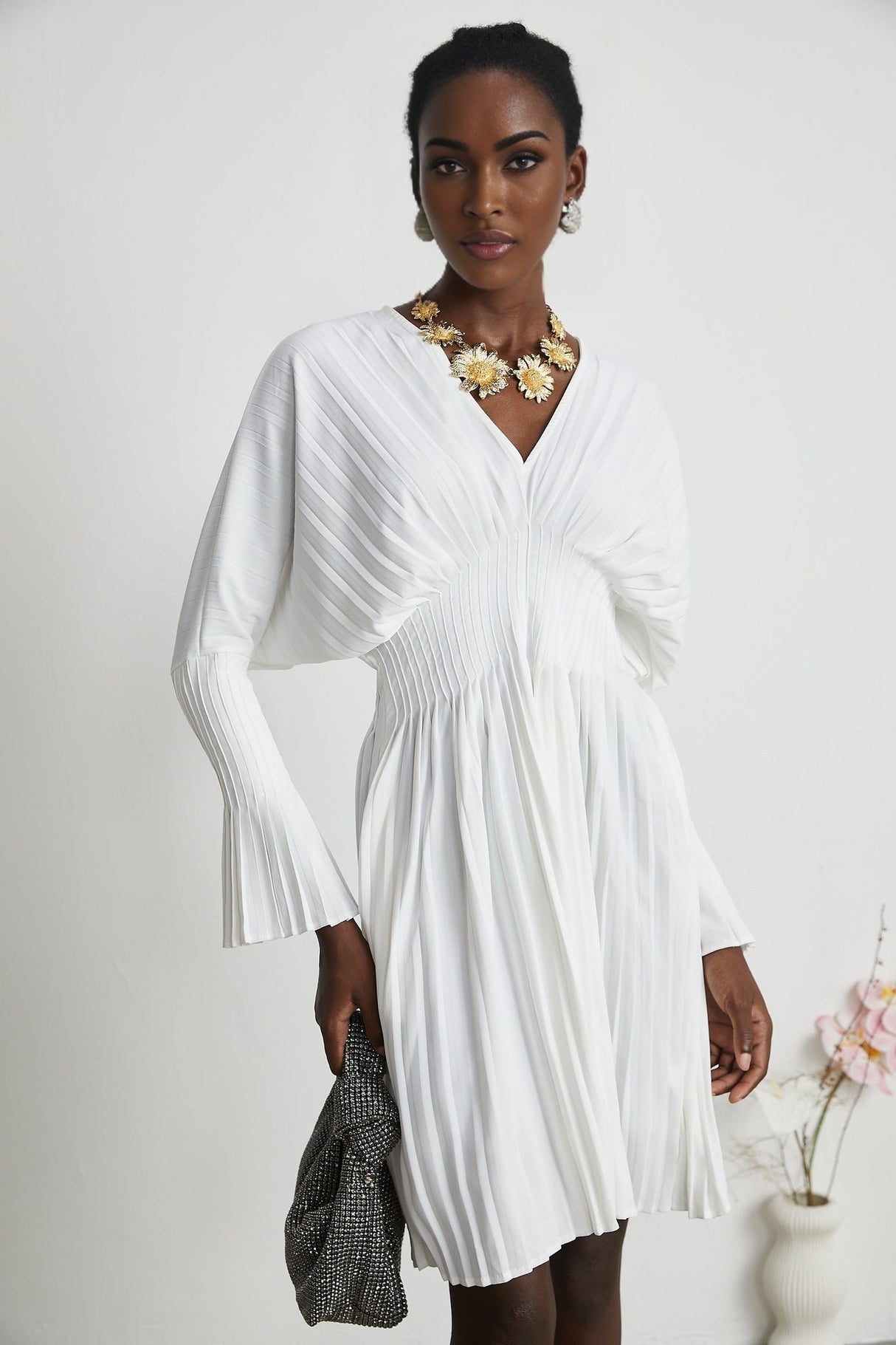 Claudette Pleated Mini Dress - V - Neckline - Flared Sleeves - Laced Waist - Lightweight