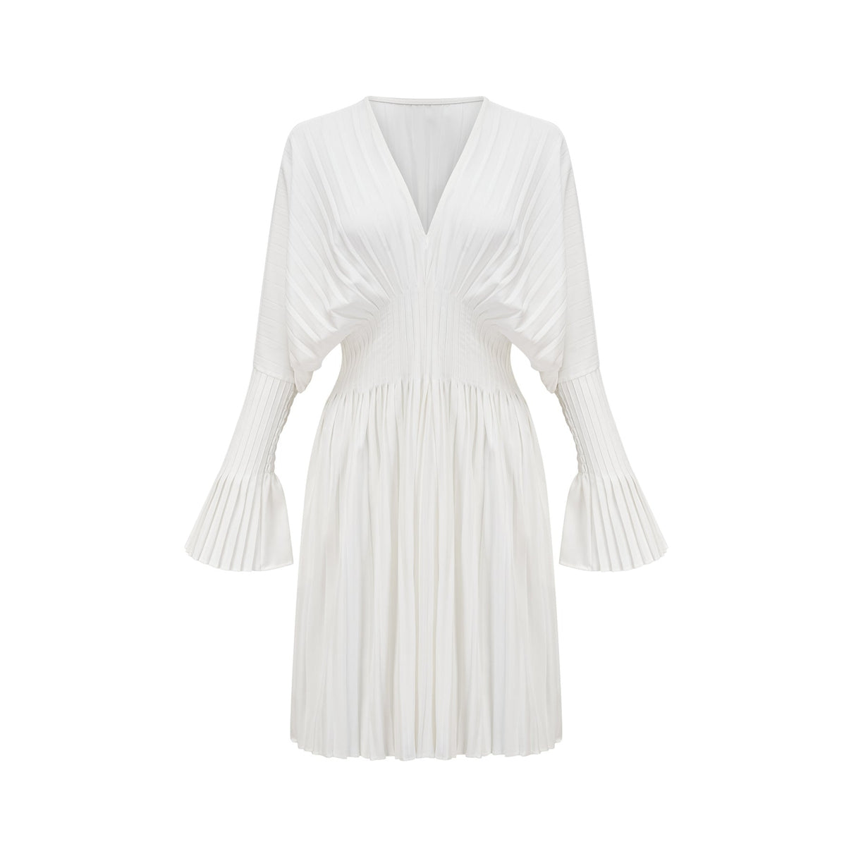Claudette Pleated Mini Dress - V - Neckline - Flared Sleeves - Laced Waist - Lightweight