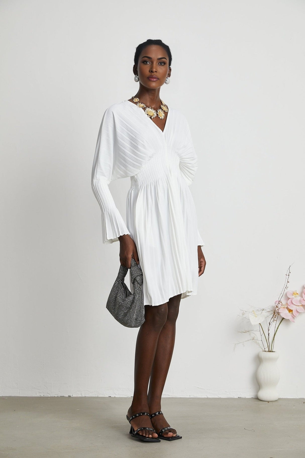 Claudette Pleated Mini Dress - V - Neckline - Flared Sleeves - Laced Waist - Lightweight