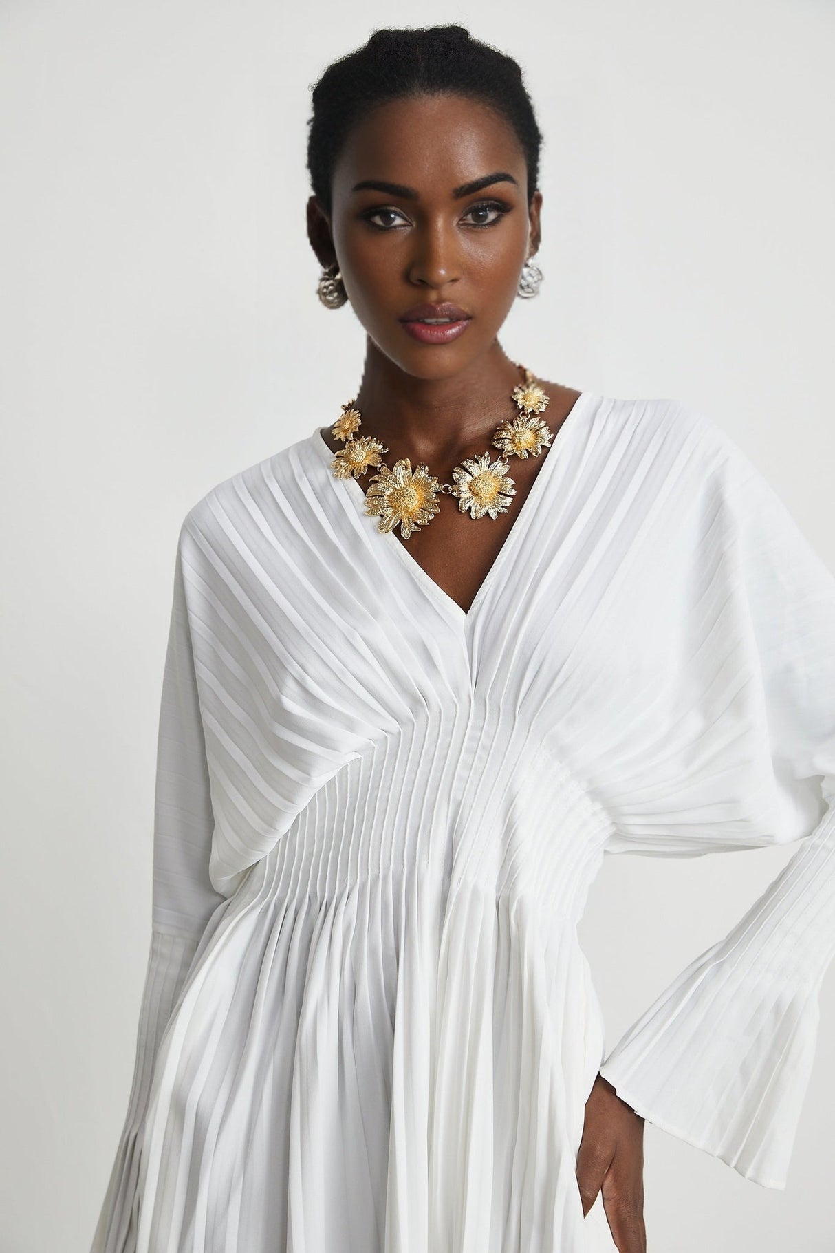 Claudette Pleated Mini Dress - V - Neckline - Flared Sleeves - Laced Waist - Lightweight