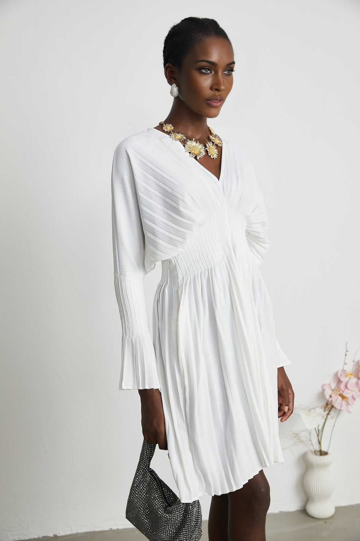 Claudette Pleated Mini Dress - V - Neckline - Flared Sleeves - Laced Waist - Lightweight