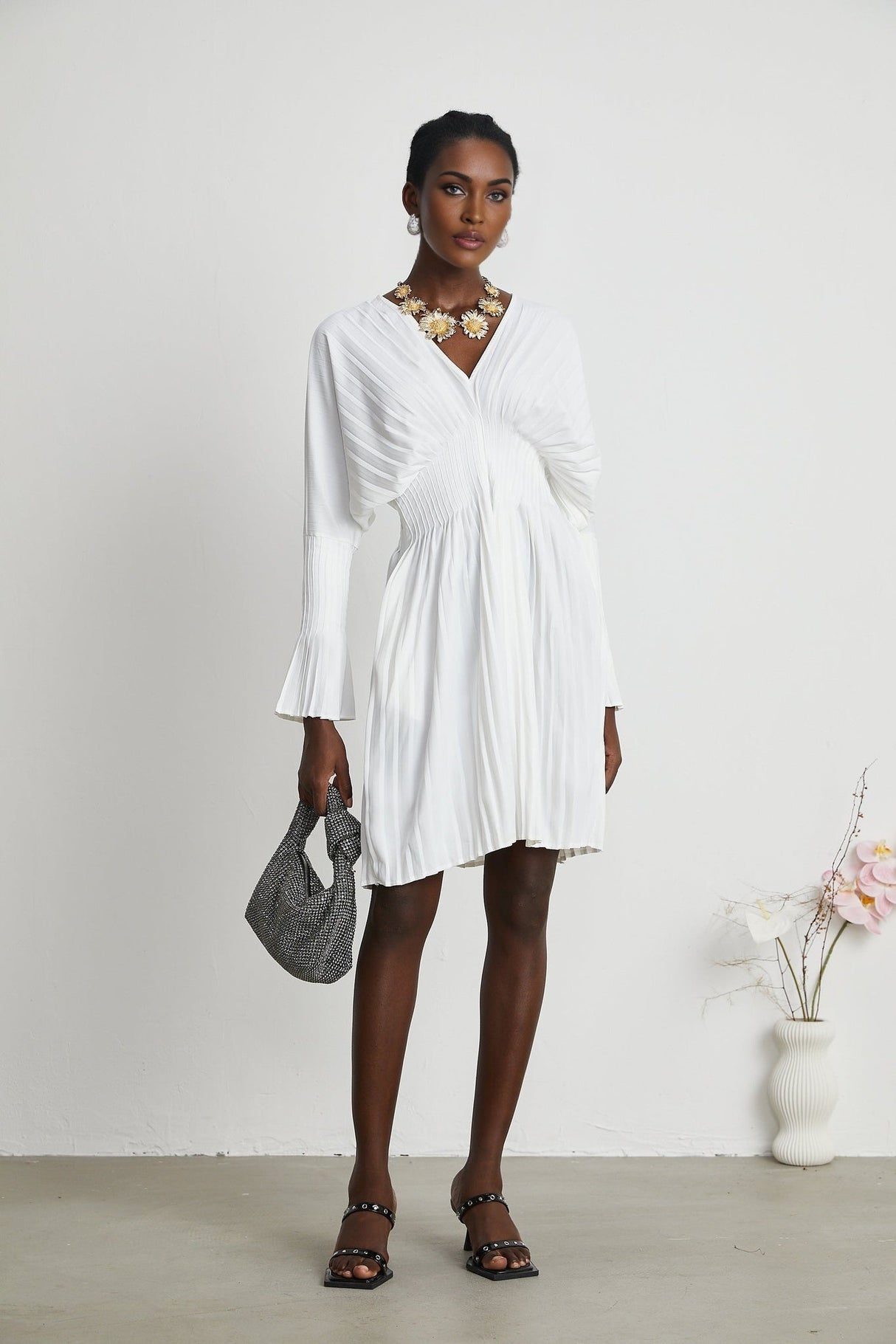 Claudette Pleated Mini Dress - V - Neckline - Flared Sleeves - Laced Waist - Lightweight