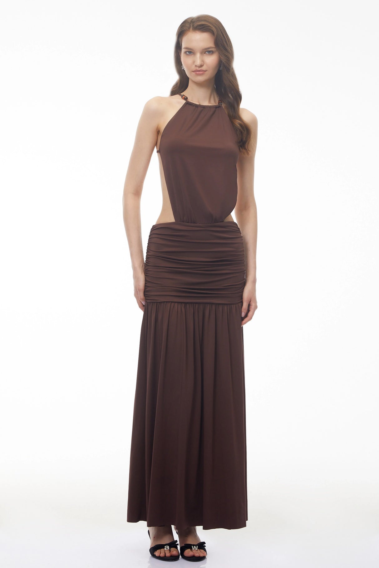 Claudia Brown Halterneck Ruched Maxi Dress