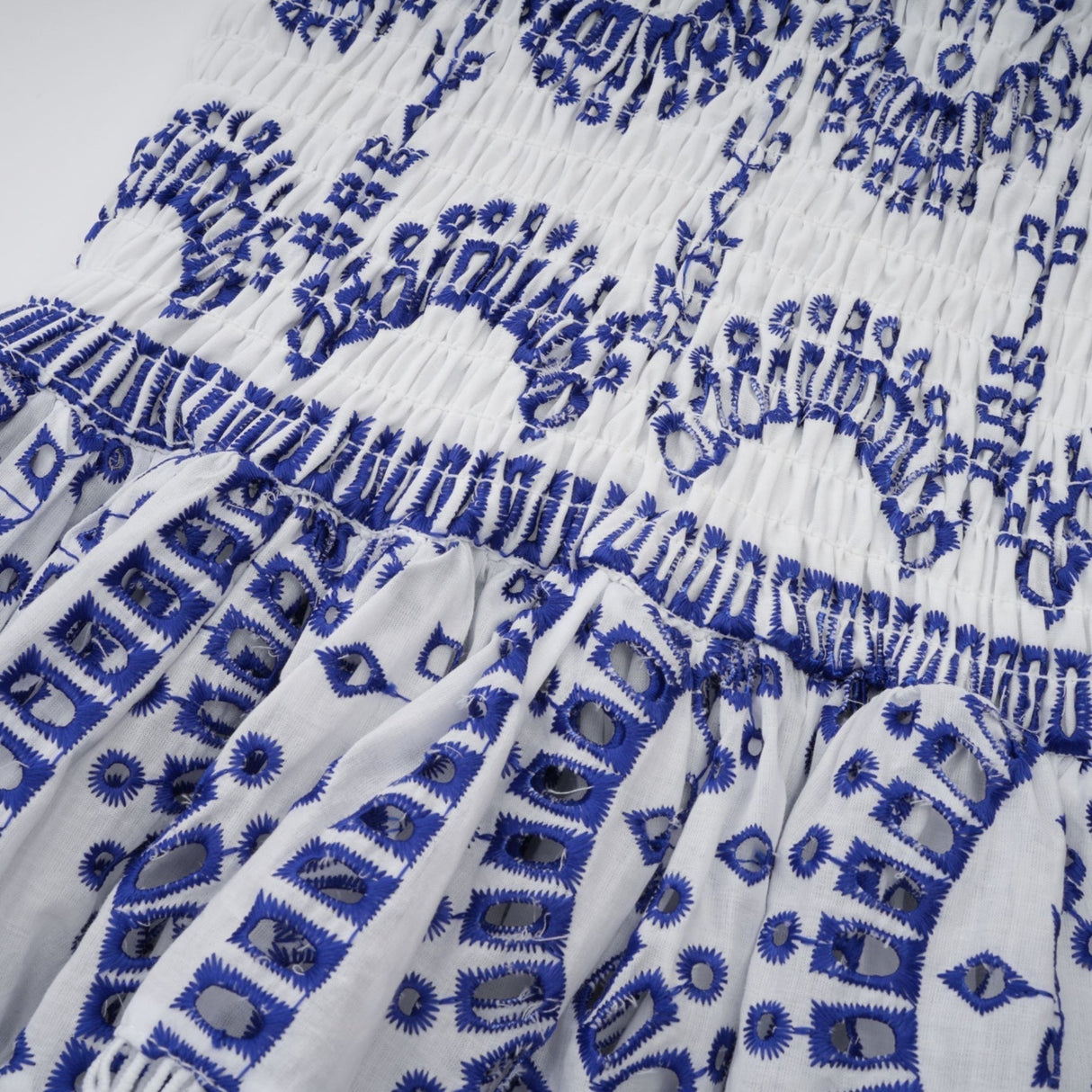 Claudia Mini Dress - Off the Shoulder - Broderie Anglaise - Shirred Panel - Fitted Waistline - Flared - Ruffled Skirt