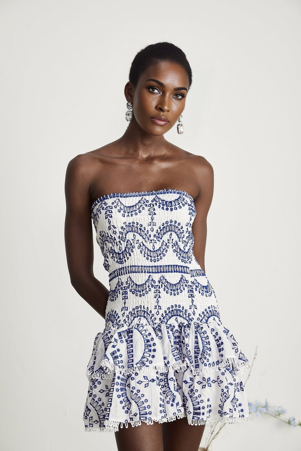 Claudia Mini Dress - Off the Shoulder - Broderie Anglaise - Shirred Panel - Fitted Waistline - Flared - Ruffled Skirt