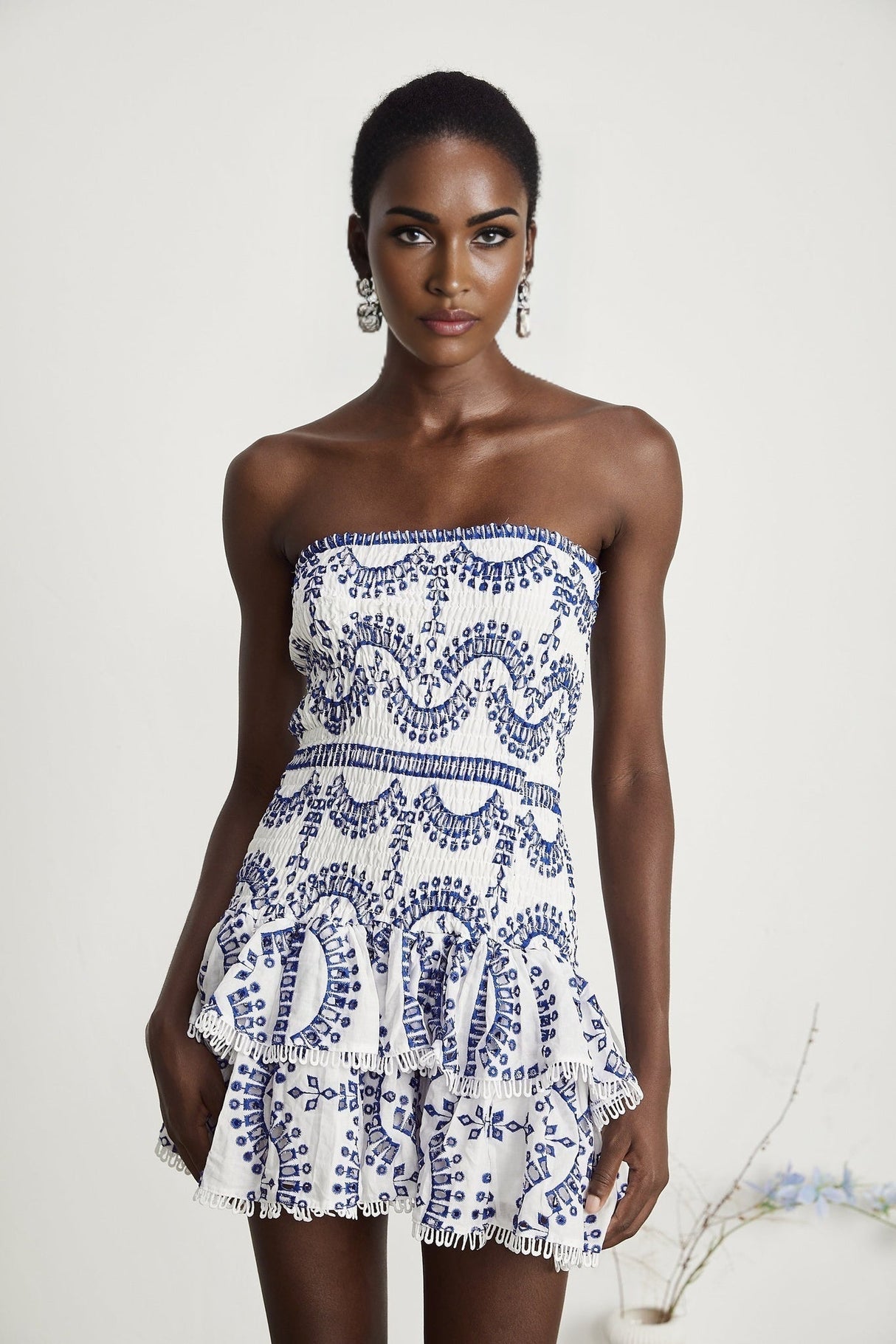 Claudia Mini Dress - Off the Shoulder - Broderie Anglaise - Shirred Panel - Fitted Waistline - Flared - Ruffled Skirt