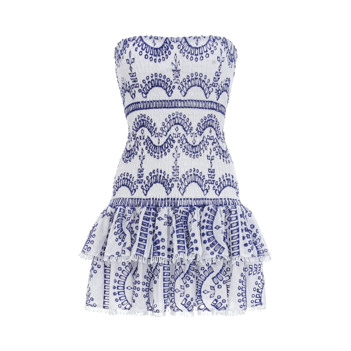 Claudia Mini Dress - Off the Shoulder - Broderie Anglaise - Shirred Panel - Fitted Waistline - Flared - Ruffled Skirt