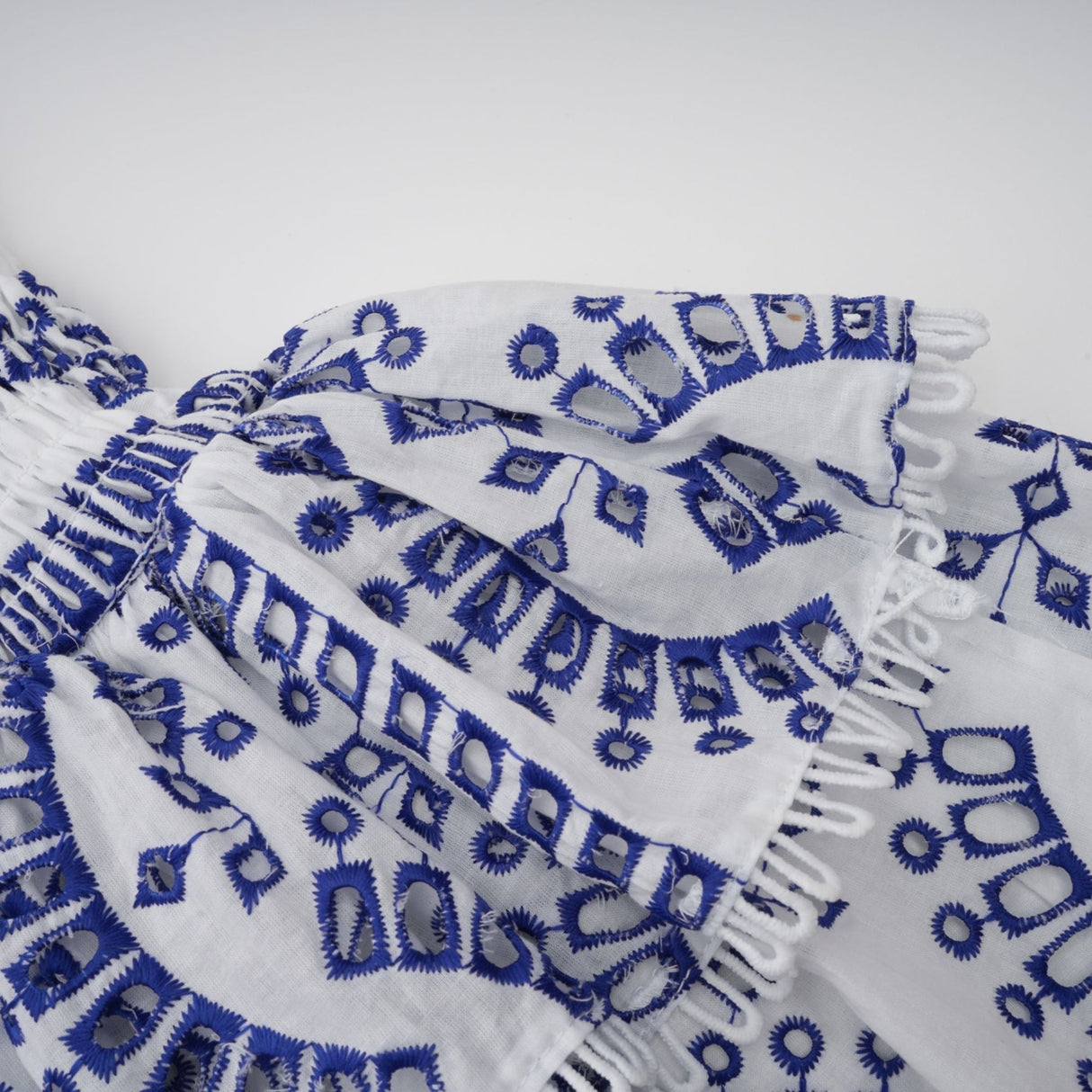 Claudia Mini Dress - Off the Shoulder - Broderie Anglaise - Shirred Panel - Fitted Waistline - Flared - Ruffled Skirt