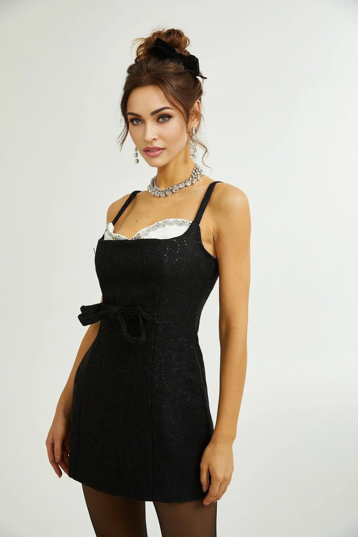 Clementina Dress - Crystal Sequin Bowknot Sleeveless Spaghetti Straps Mini Zip Back