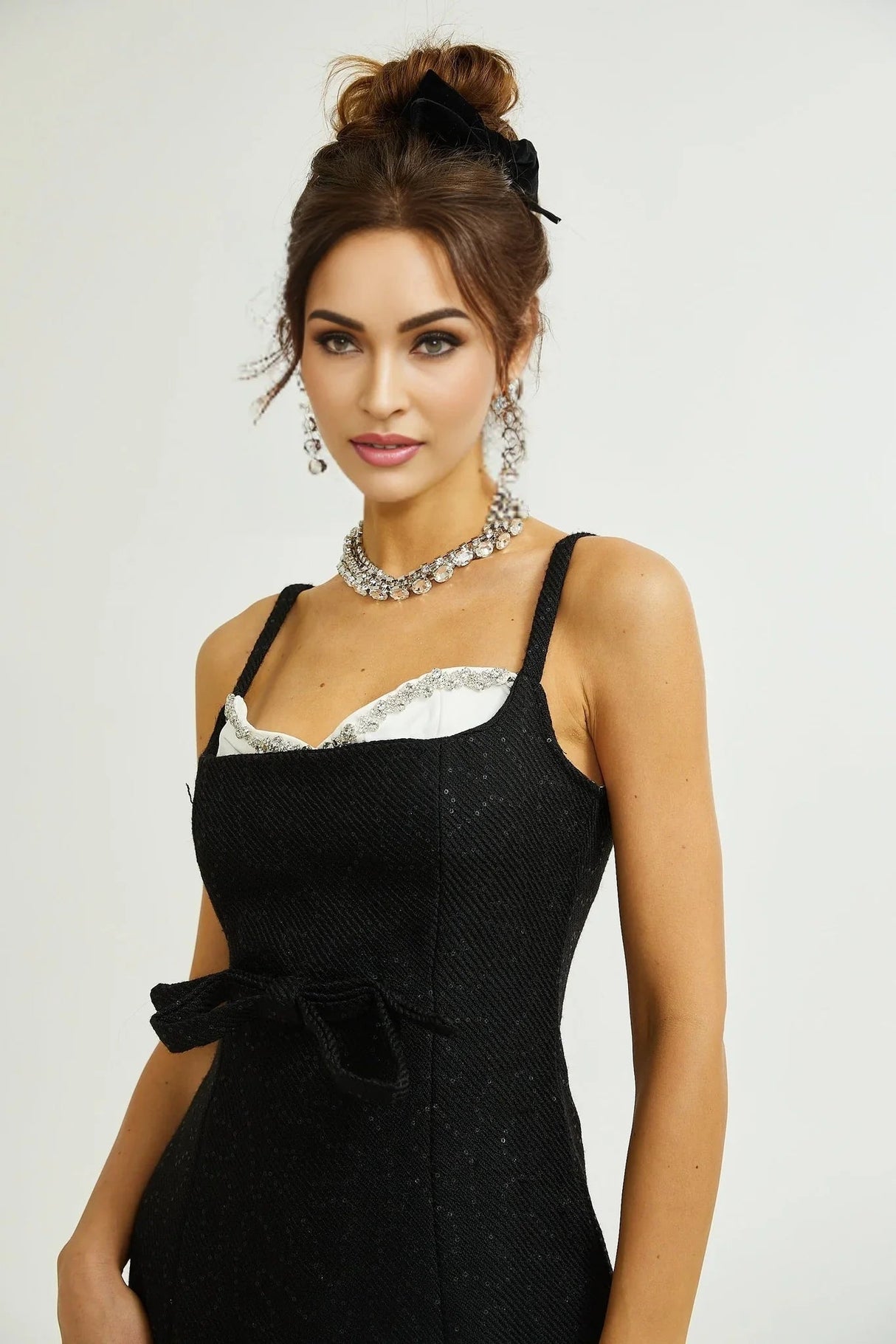 Clementina Dress - Crystal Sequin Bowknot Sleeveless Spaghetti Straps Mini Zip Back