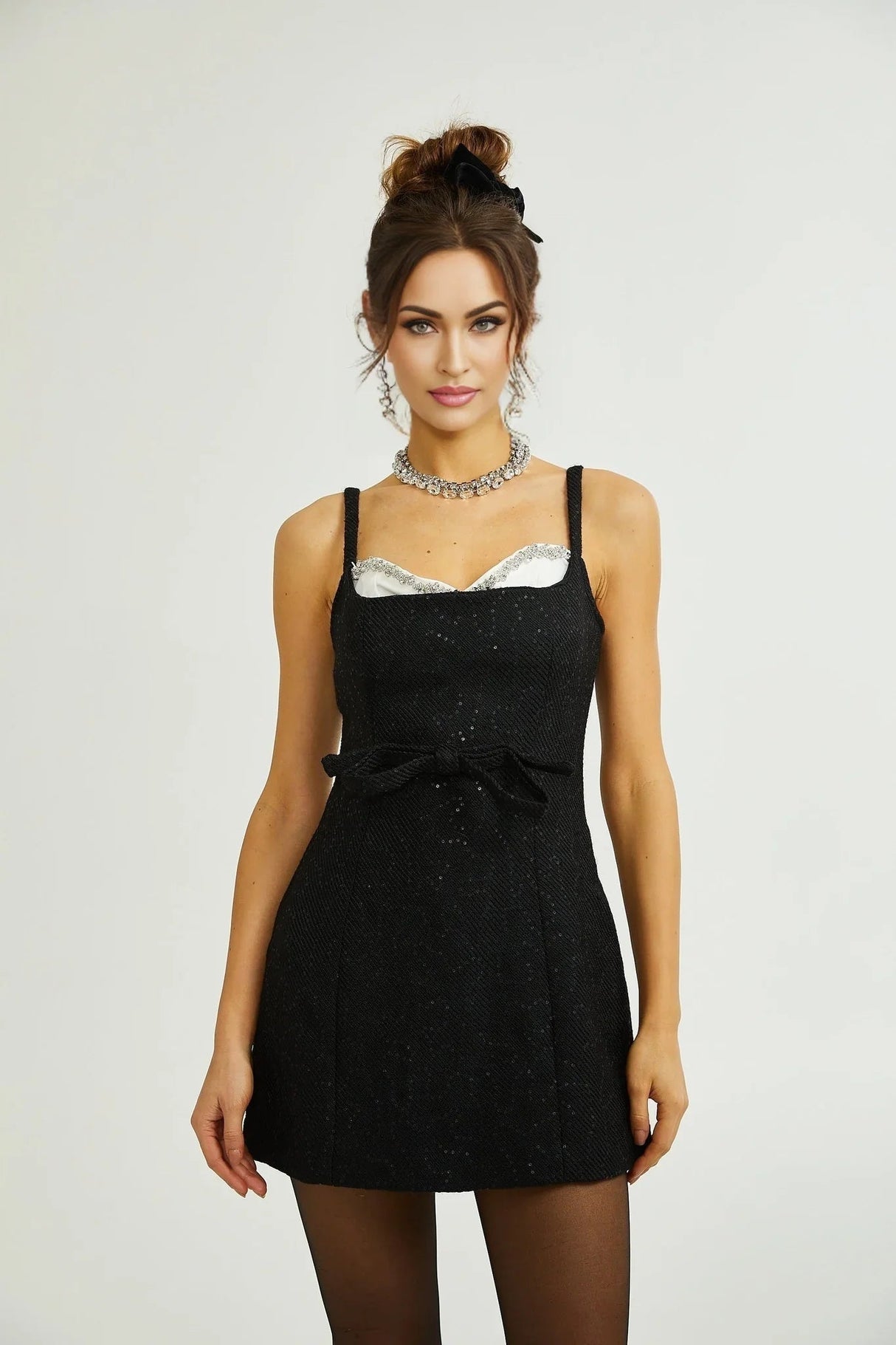 Clementina Dress - Crystal Sequin Bowknot Sleeveless Spaghetti Straps Mini Zip Back