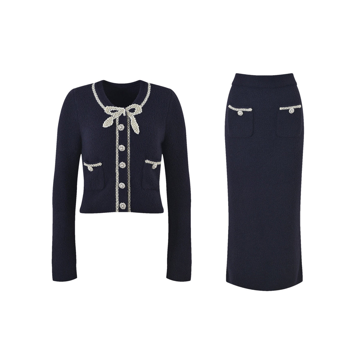 Clementina Jacket & Skirt Set - Long Sleeve - Faux - Pearl Detail - Stretch Jersey - Front Button - Midi Length