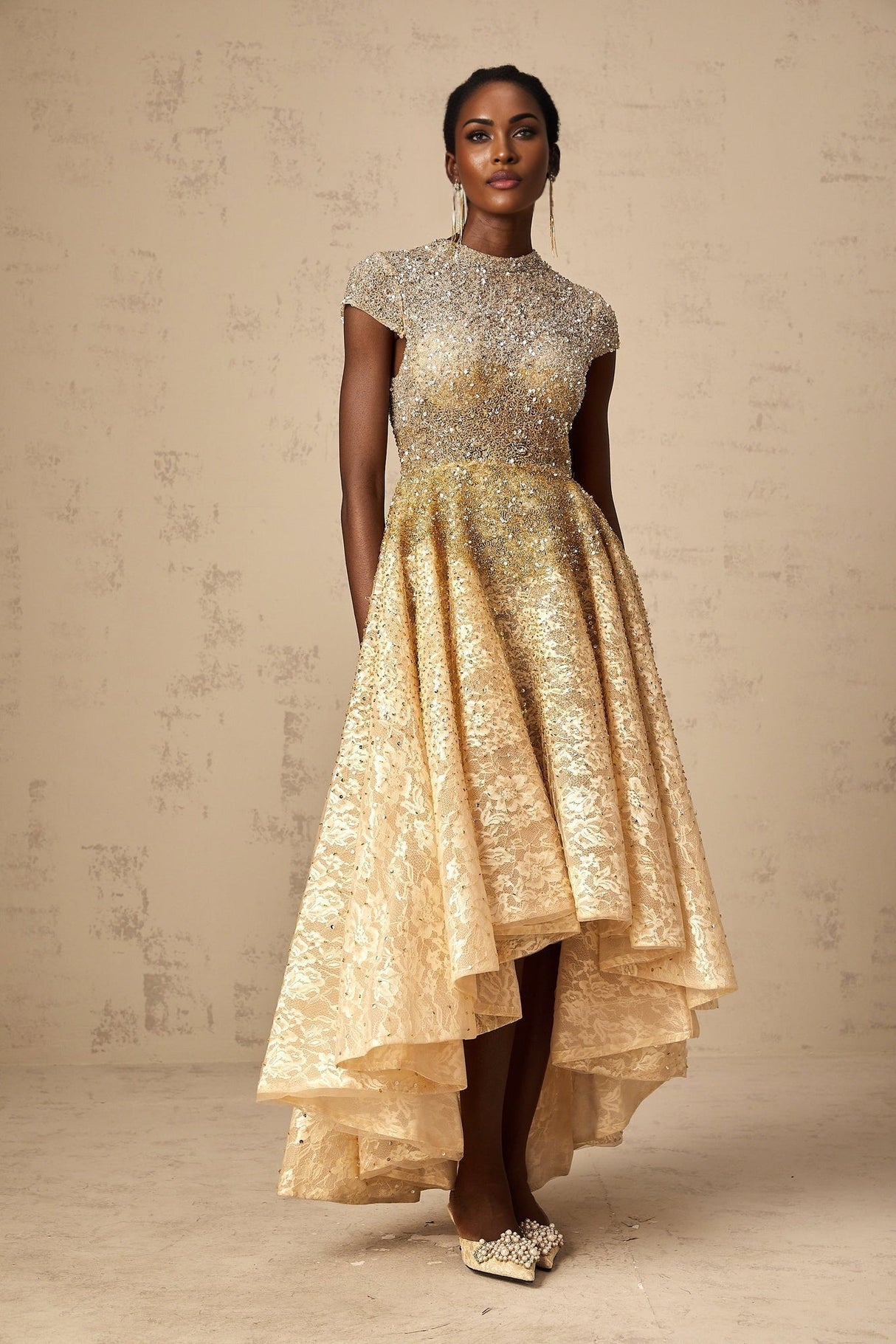 Clementina Lace Overlay Dress – High - Low Hem – Bead & Sequin Embellishment – Cap Sleeves – Flared Skirt