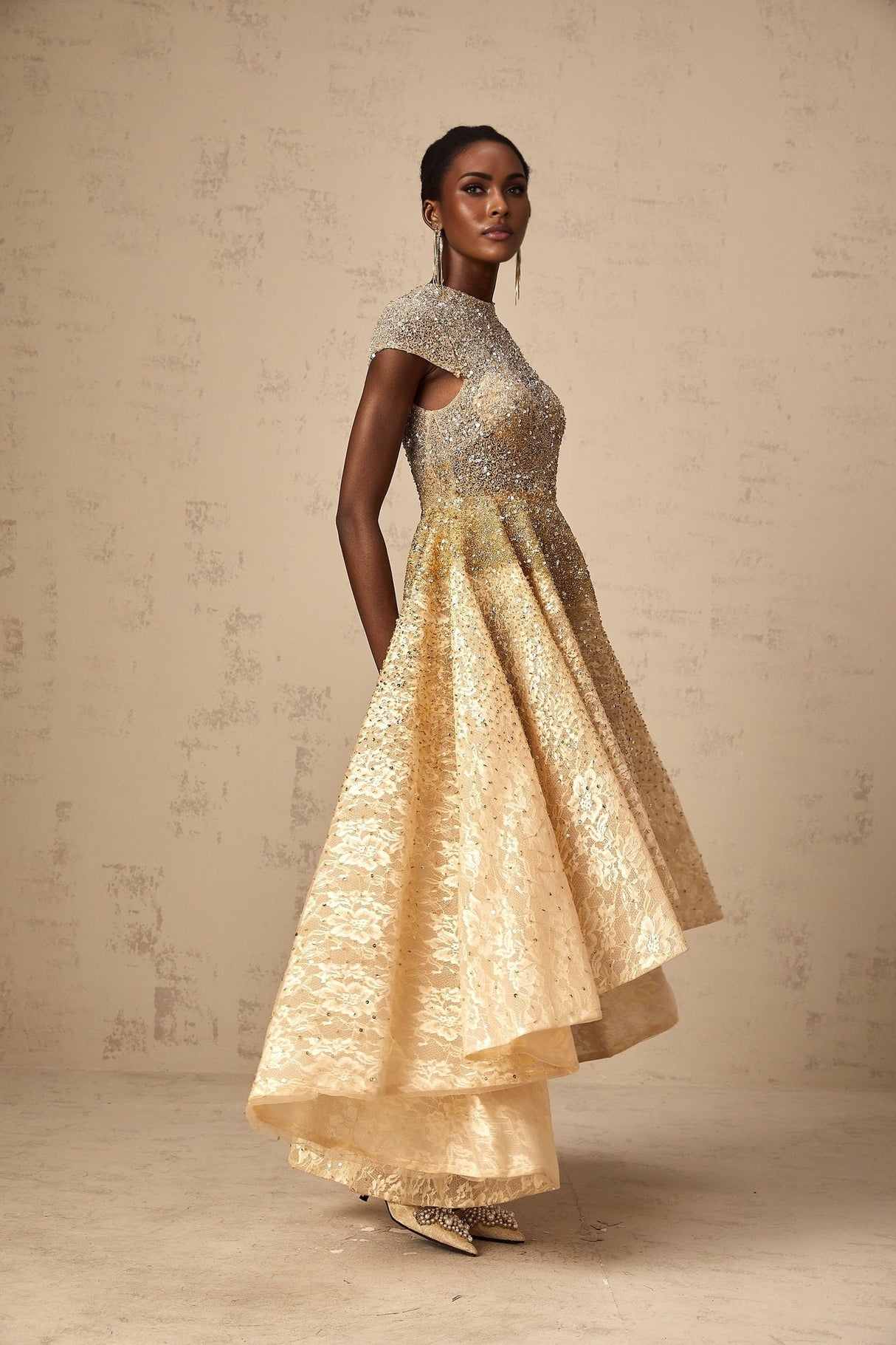 Clementina Lace Overlay Dress – High - Low Hem – Bead & Sequin Embellishment – Cap Sleeves – Flared Skirt