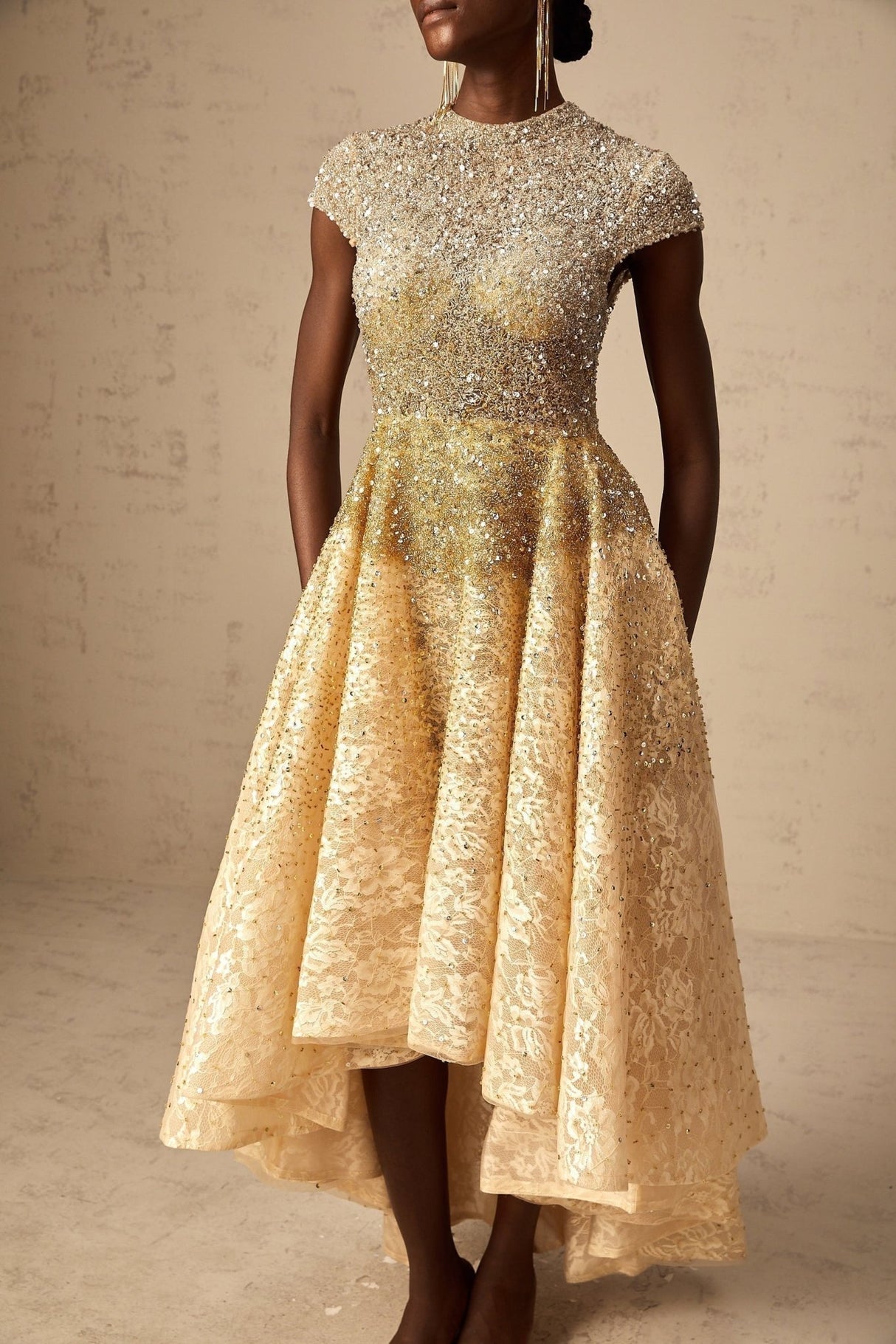 Clementina Lace Overlay Dress – High - Low Hem – Bead & Sequin Embellishment – Cap Sleeves – Flared Skirt