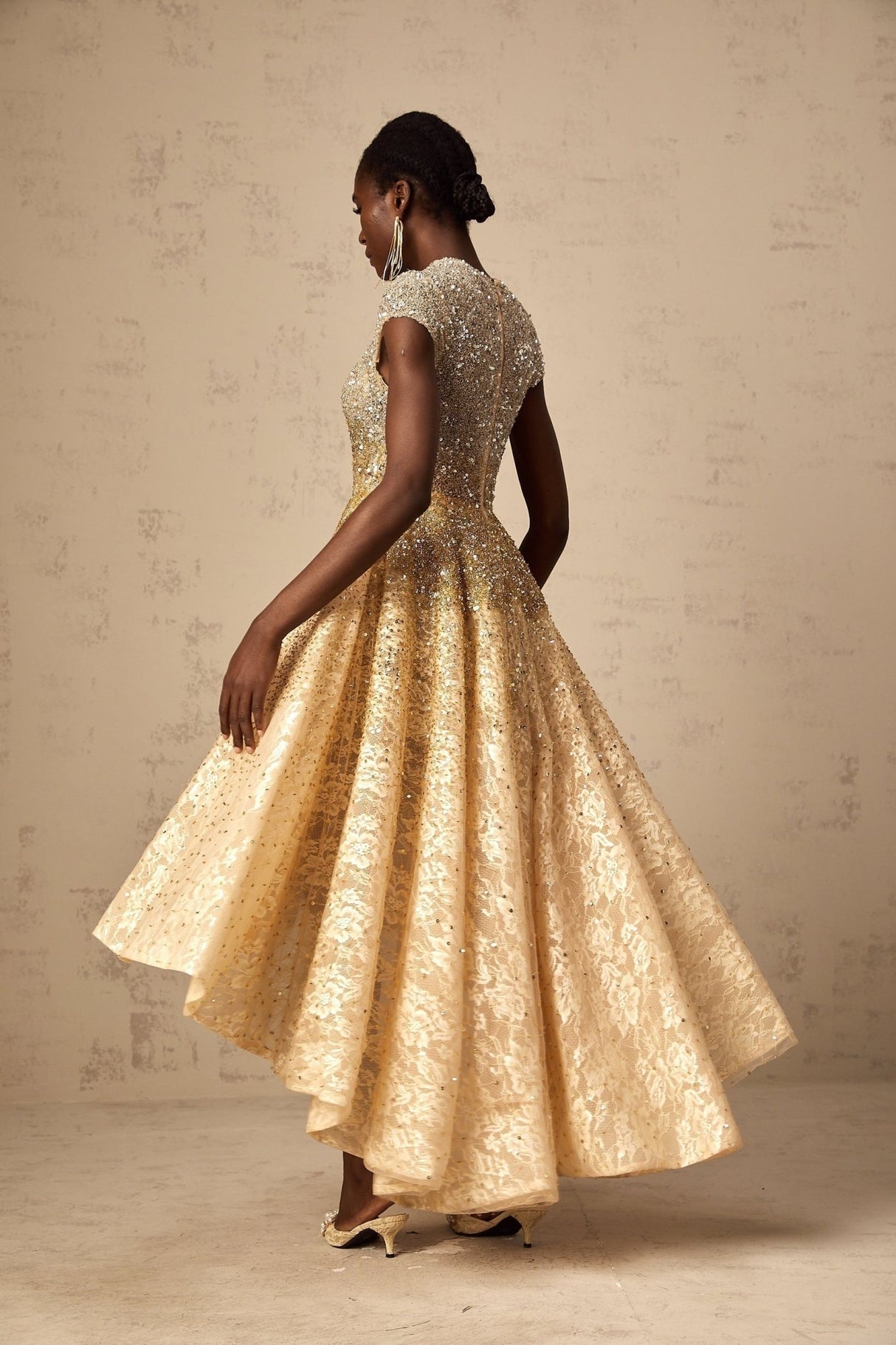 Clementina Lace Overlay Dress – High - Low Hem – Bead & Sequin Embellishment – Cap Sleeves – Flared Skirt