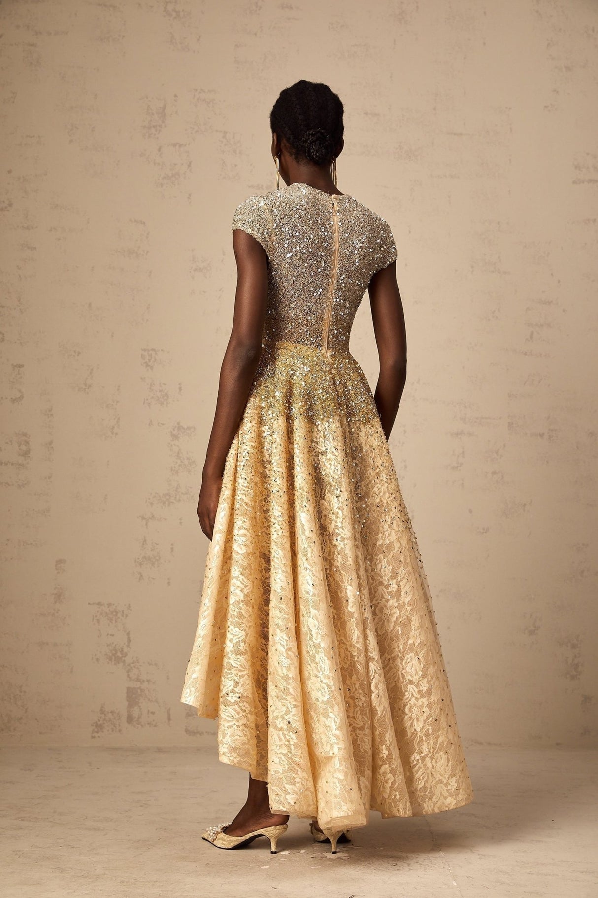 Clementina Lace Overlay Dress – High - Low Hem – Bead & Sequin Embellishment – Cap Sleeves – Flared Skirt