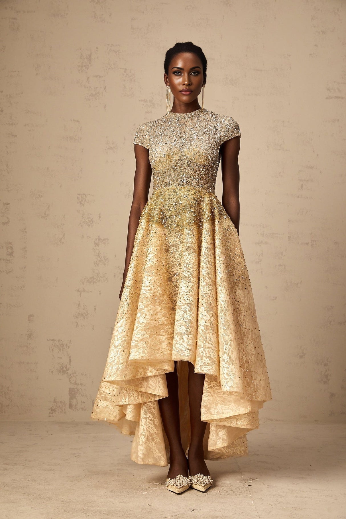 Clementina Lace Overlay Dress – High - Low Hem – Bead & Sequin Embellishment – Cap Sleeves – Flared Skirt