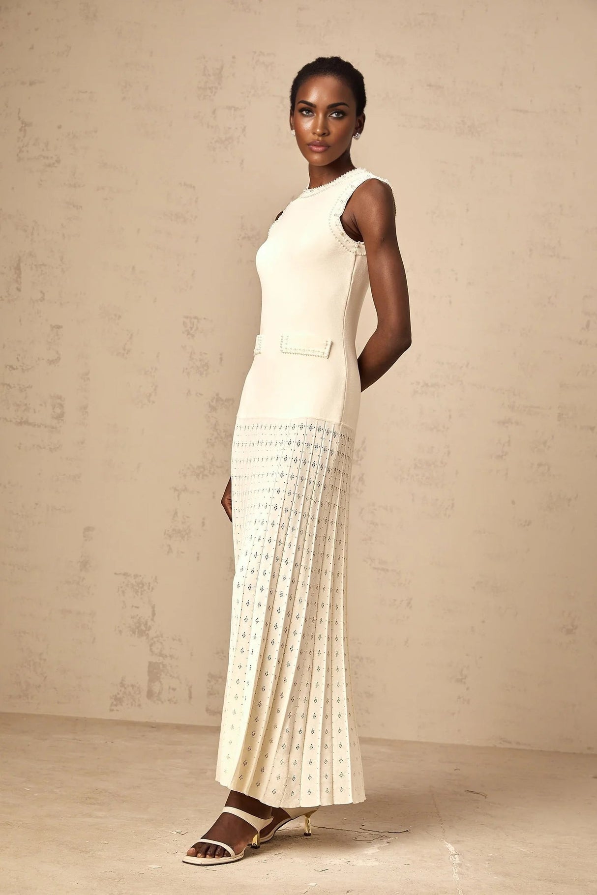 Clementina Maxi Dress White Faux - Pearl Embellished Pleated Scallop Hem