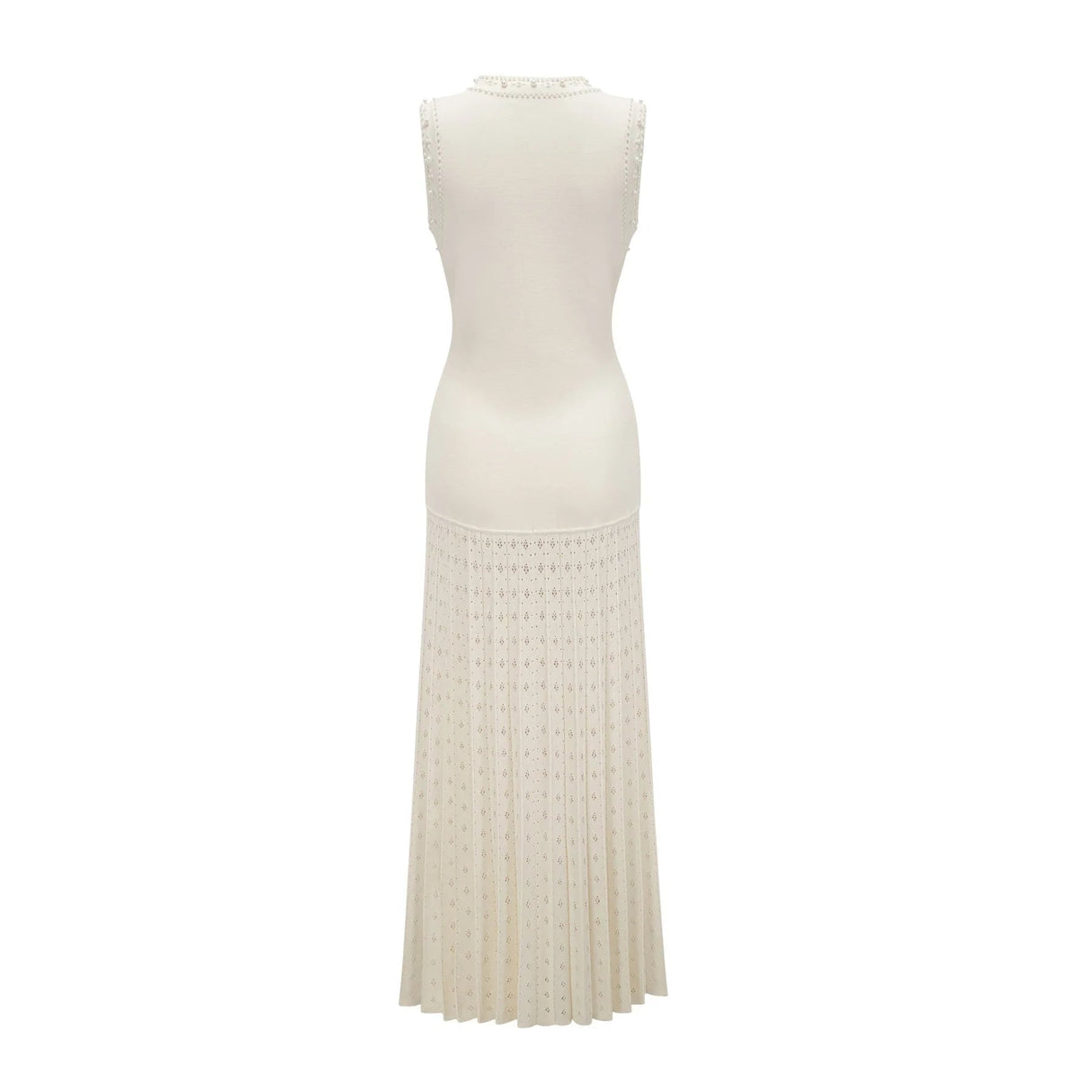 Clementina Maxi Dress White Faux - Pearl Embellished Pleated Scallop Hem