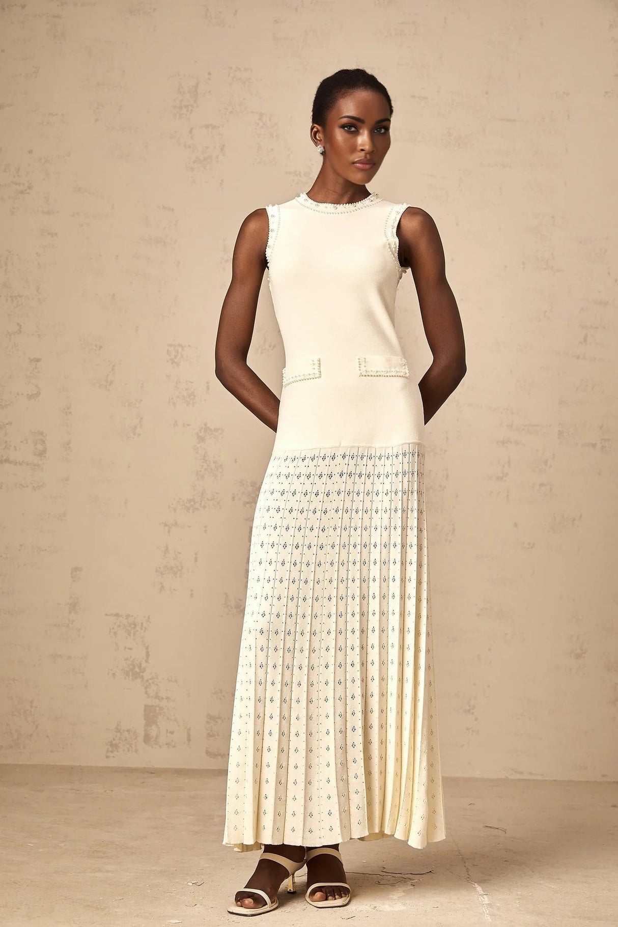 Clementina Maxi Dress White Faux - Pearl Embellished Pleated Scallop Hem