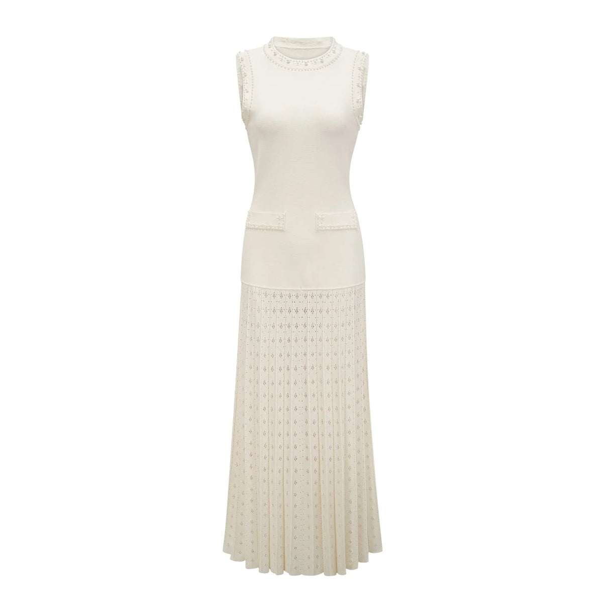 Clementina Maxi Dress White Faux - Pearl Embellished Pleated Scallop Hem