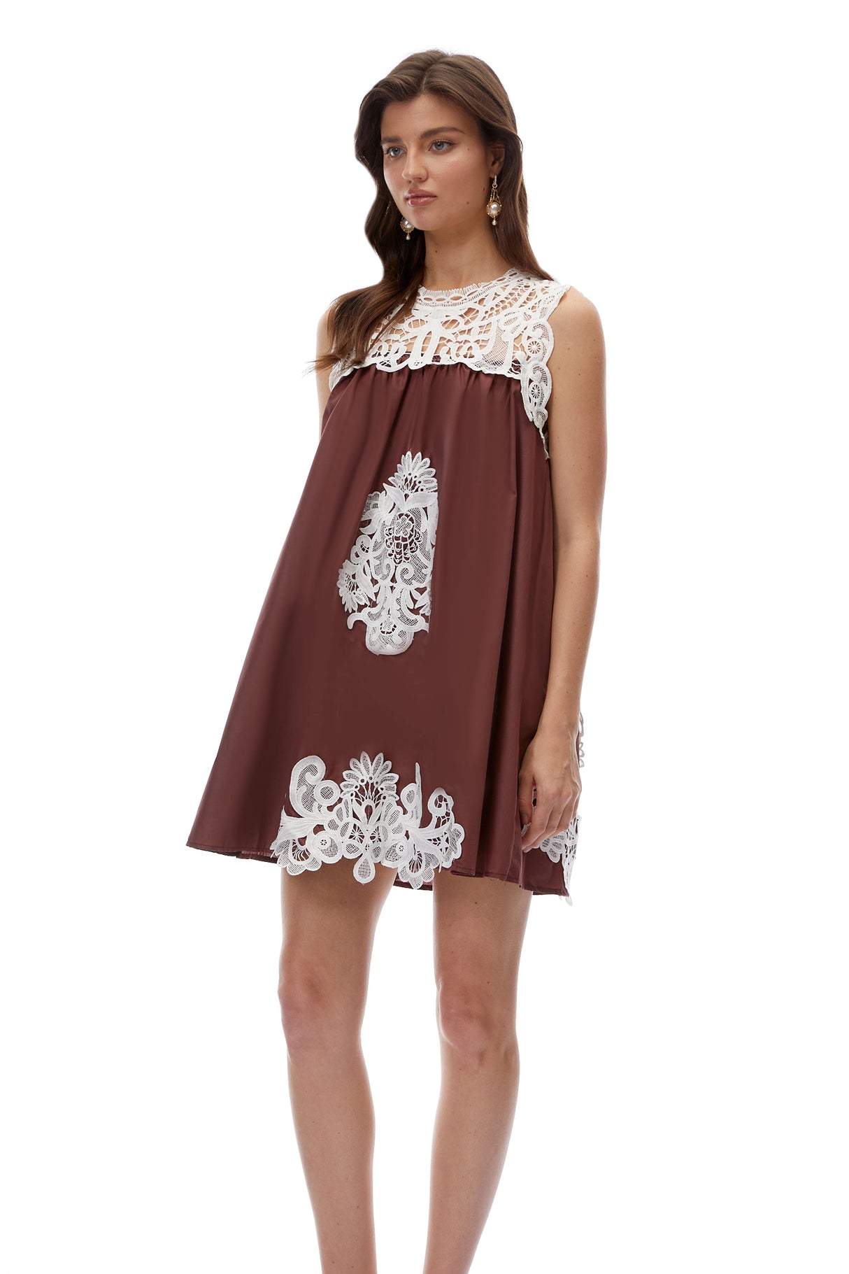 Clementine Chocolate Brown CutOut Mini Dress with Lace Panels