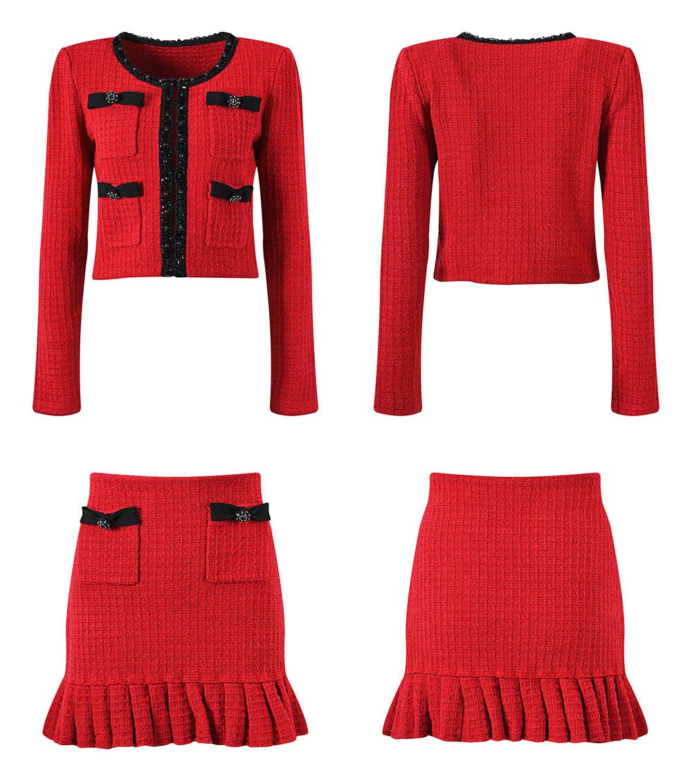 Colette Jacket & Skirt Set - Striking Knit - Tailored Fit - Accents - Decorative Bows - Flared Hem