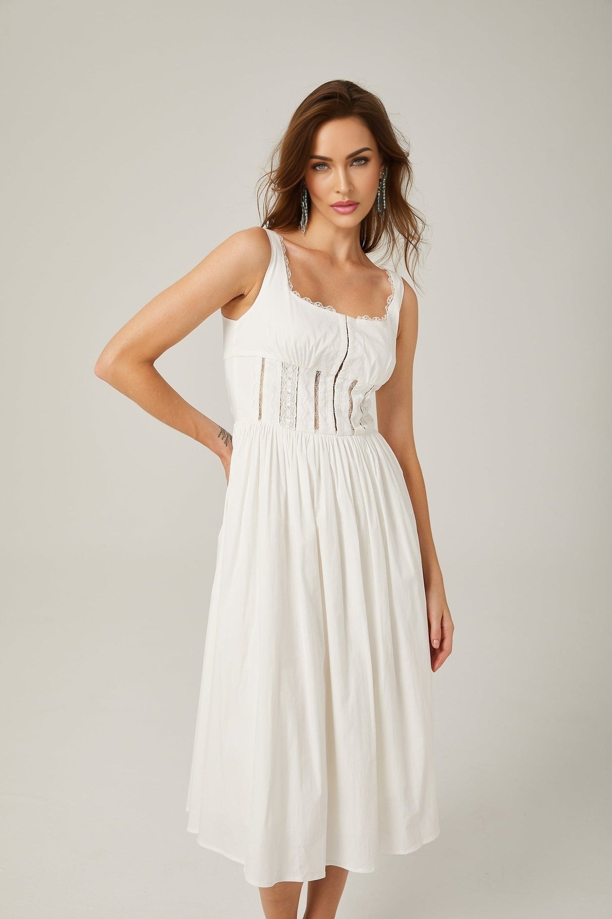 Colette Midi Dress - Sleeveless - Cut - Out Design - Wide Shoulder Straps - Lace Detailing