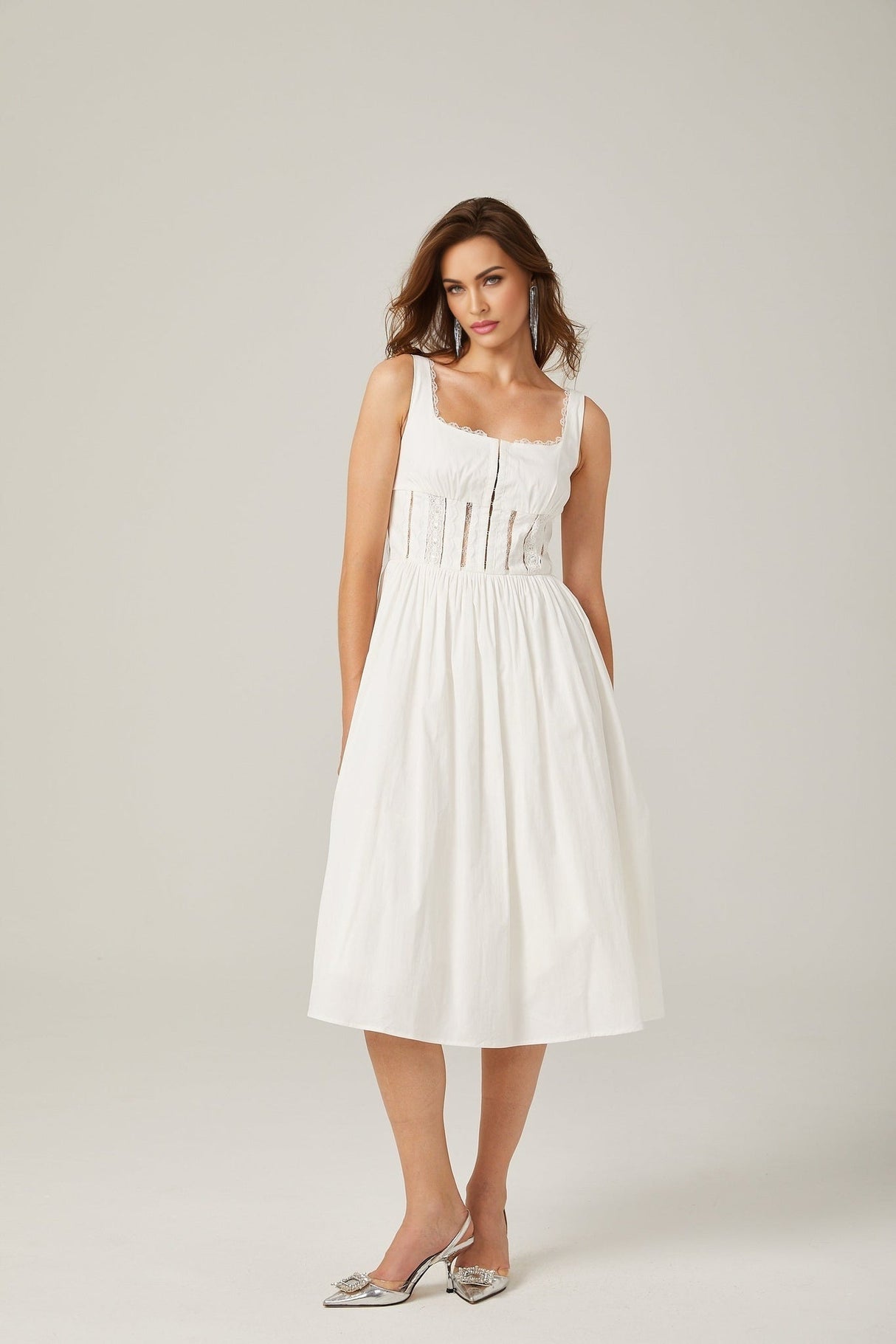 Colette Midi Dress - Sleeveless - Cut - Out Design - Wide Shoulder Straps - Lace Detailing