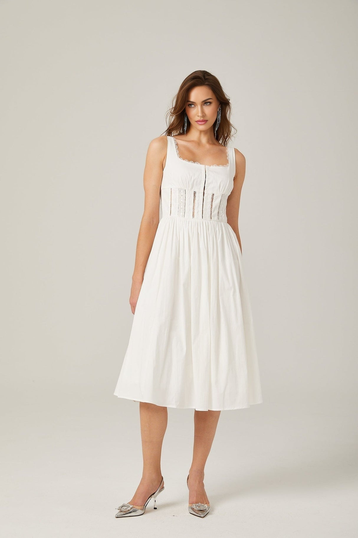 Colette Midi Dress - Sleeveless - Cut - Out Design - Wide Shoulder Straps - Lace Detailing