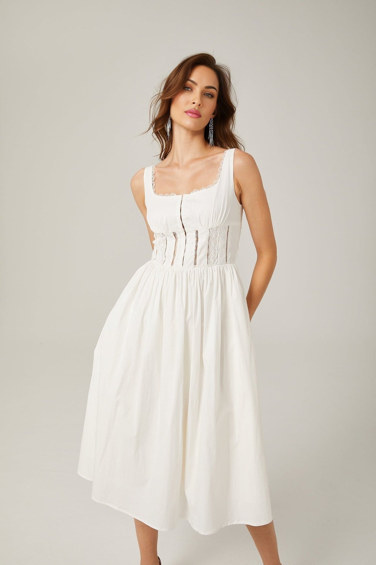 Colette Midi Dress - Sleeveless - Cut - Out Design - Wide Shoulder Straps - Lace Detailing