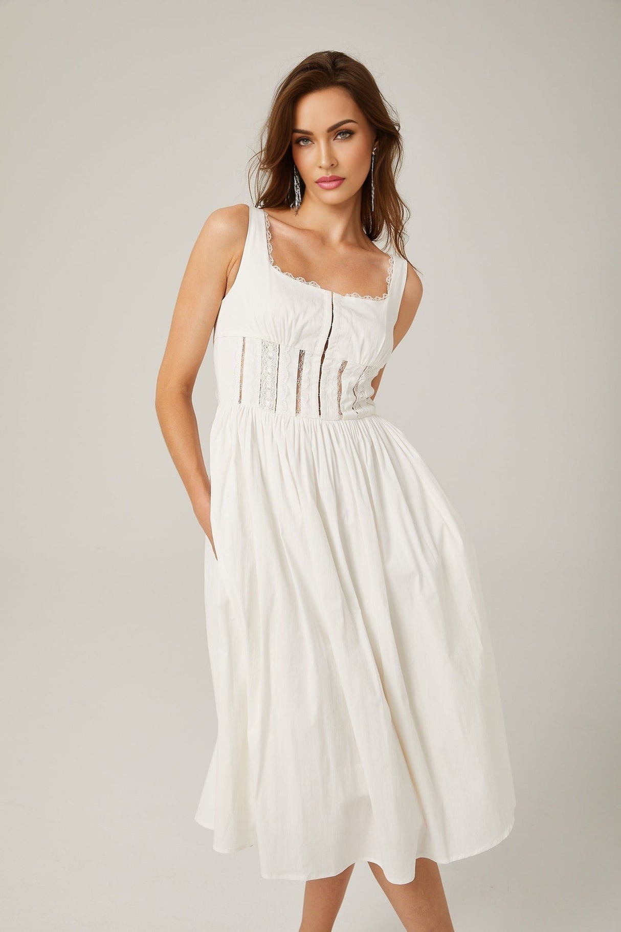 Colette Midi Dress - Sleeveless - Cut - Out Design - Wide Shoulder Straps - Lace Detailing