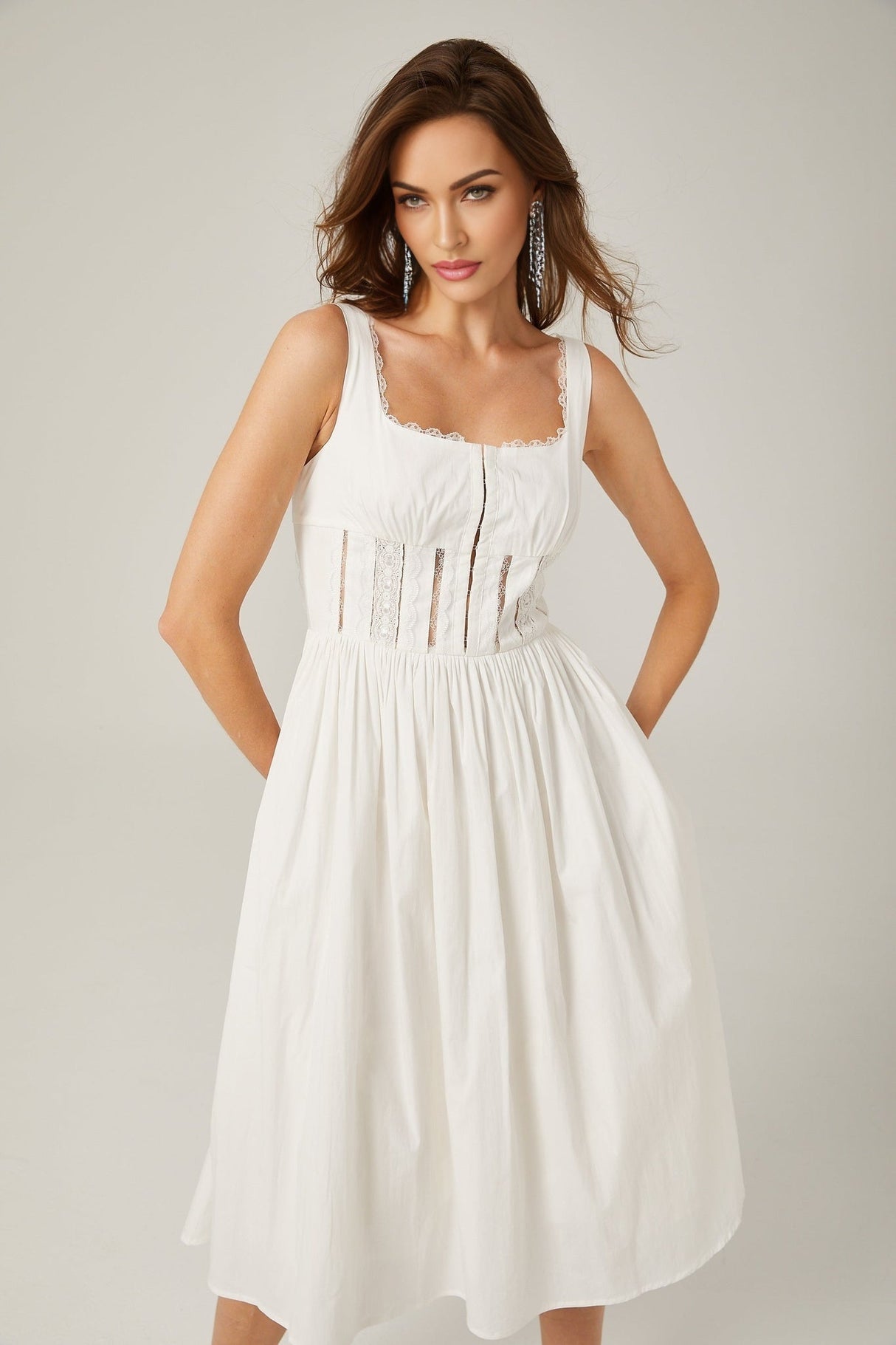 Colette Midi Dress - Sleeveless - Cut - Out Design - Wide Shoulder Straps - Lace Detailing