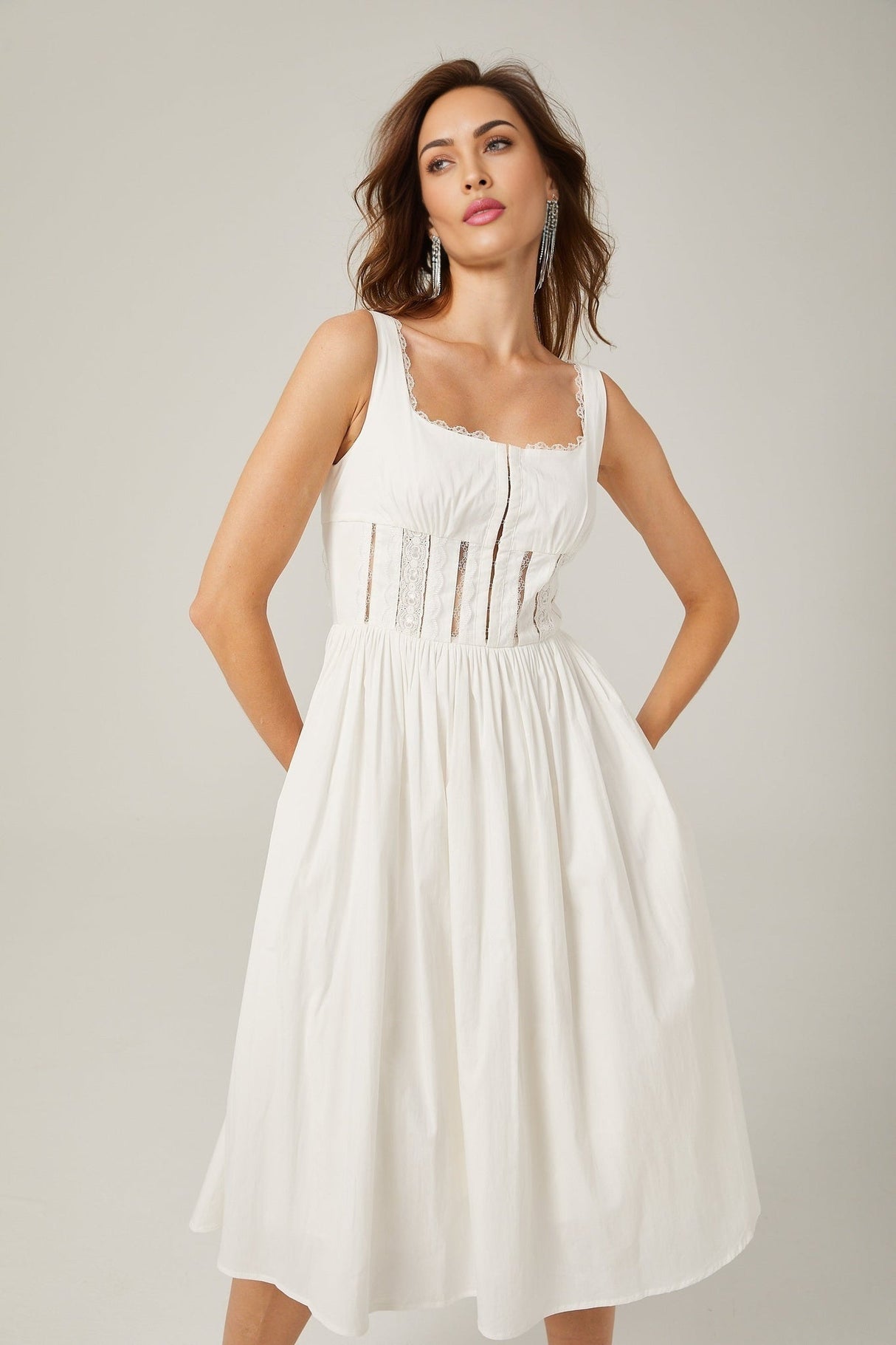 Colette Midi Dress - Sleeveless - Cut - Out Design - Wide Shoulder Straps - Lace Detailing