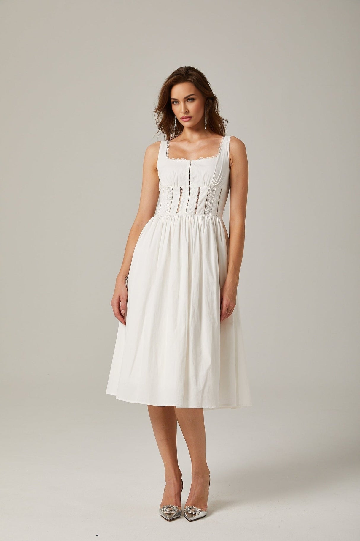 Colette Midi Dress - Sleeveless - Cut - Out Design - Wide Shoulder Straps - Lace Detailing