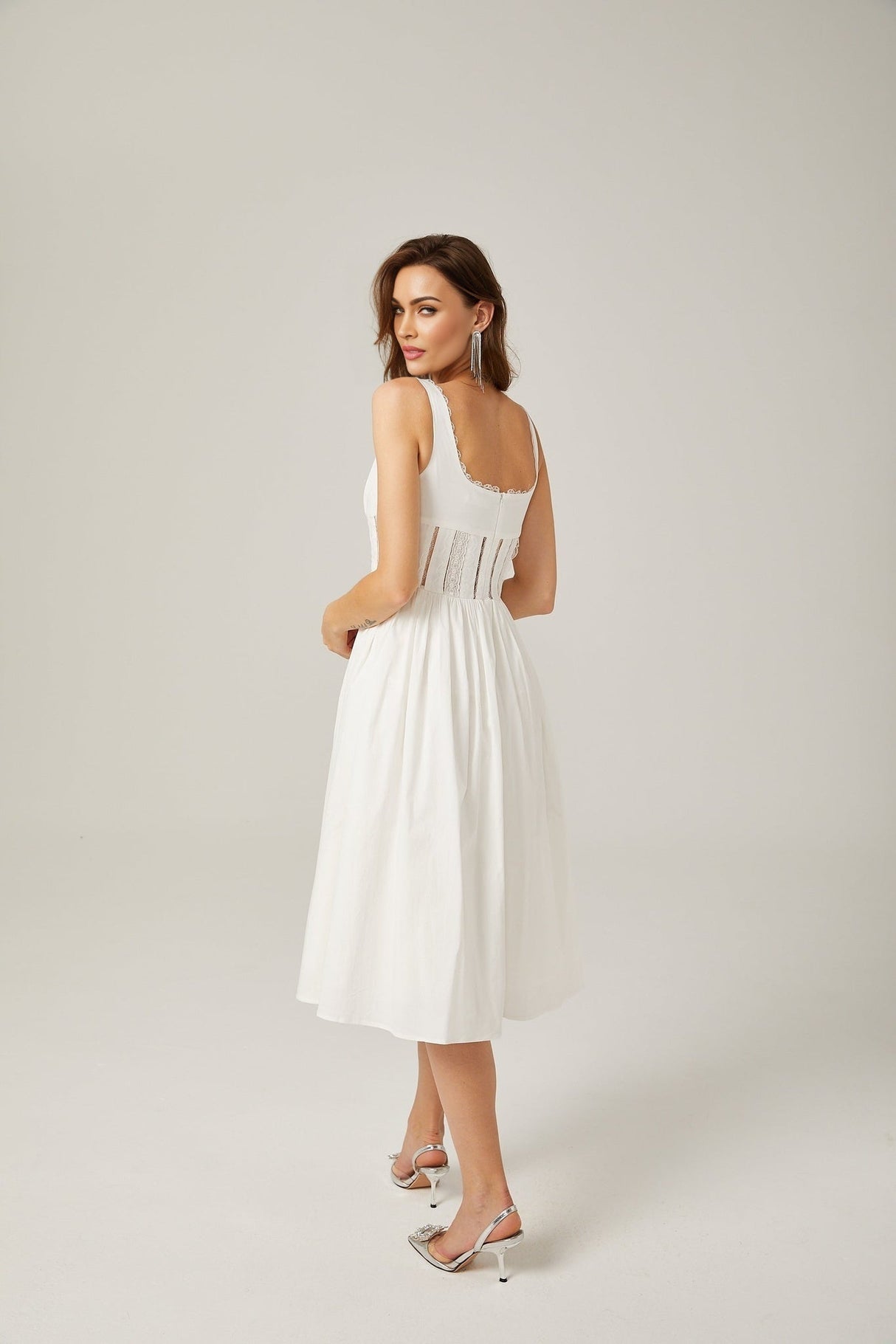 Colette Midi Dress - Sleeveless - Cut - Out Design - Wide Shoulder Straps - Lace Detailing