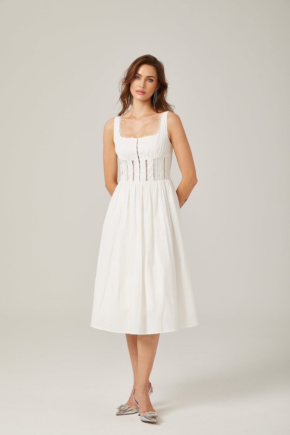 Colette Midi Dress - Sleeveless - Cut - Out Design - Wide Shoulder Straps - Lace Detailing