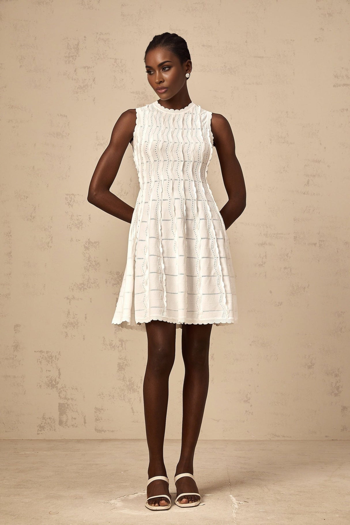 Colette Mini Dress - Knitted Construction - Ruffled Detailing - Scallop Hem - Flared Skirt - Slip - On Style