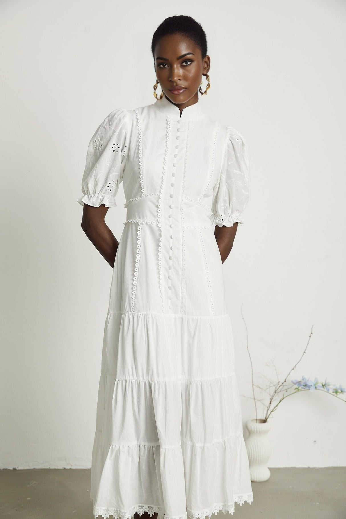 Coline Midi Dress - Soft Round Neckline - Short Puffed Sleeves - Floral Embroidery - Tiered Skirt - Semi - Sheer Style
