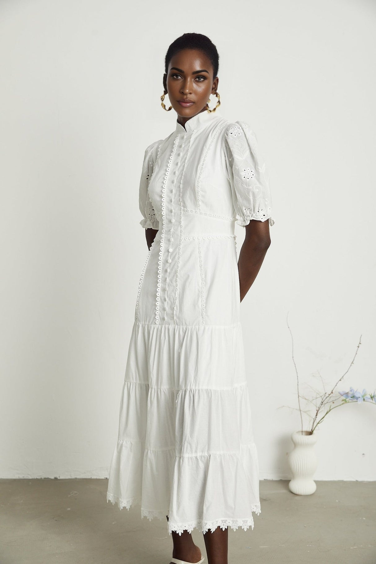 Coline Midi Dress - Soft Round Neckline - Short Puffed Sleeves - Floral Embroidery - Tiered Skirt - Semi - Sheer Style
