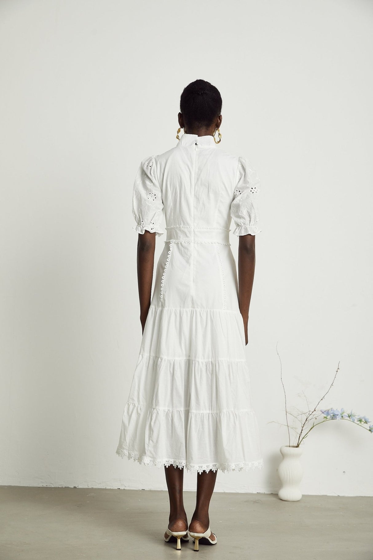 Coline Midi Dress - Soft Round Neckline - Short Puffed Sleeves - Floral Embroidery - Tiered Skirt - Semi - Sheer Style