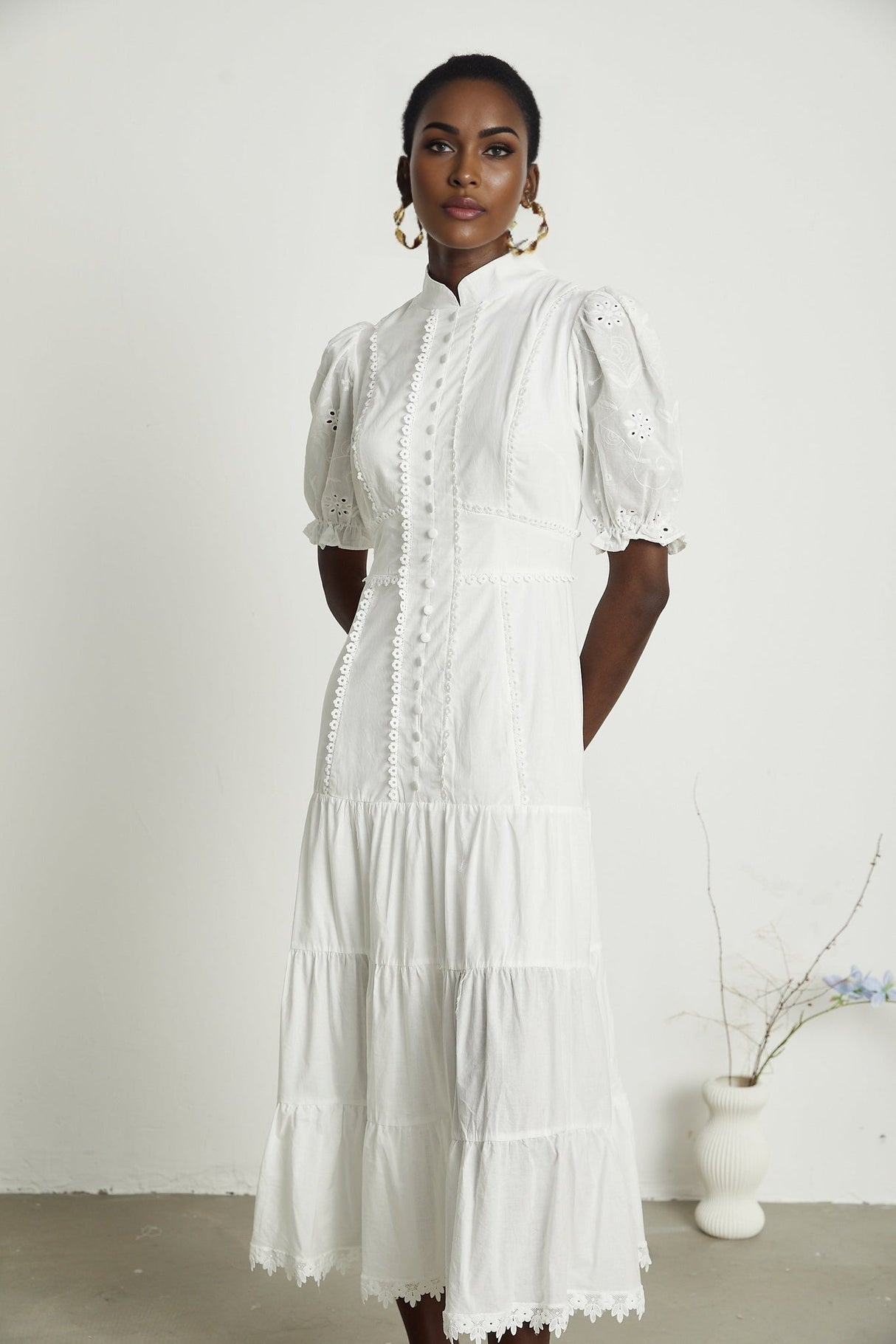 Coline Midi Dress - Soft Round Neckline - Short Puffed Sleeves - Floral Embroidery - Tiered Skirt - Semi - Sheer Style