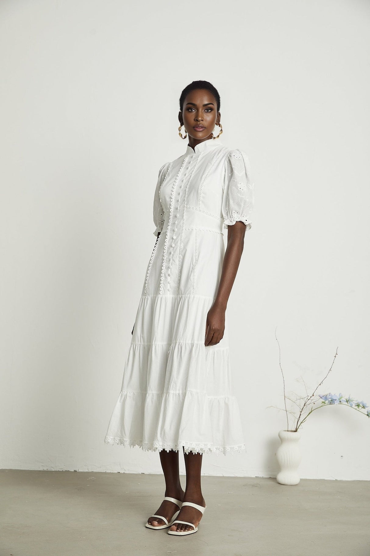 Coline Midi Dress - Soft Round Neckline - Short Puffed Sleeves - Floral Embroidery - Tiered Skirt - Semi - Sheer Style