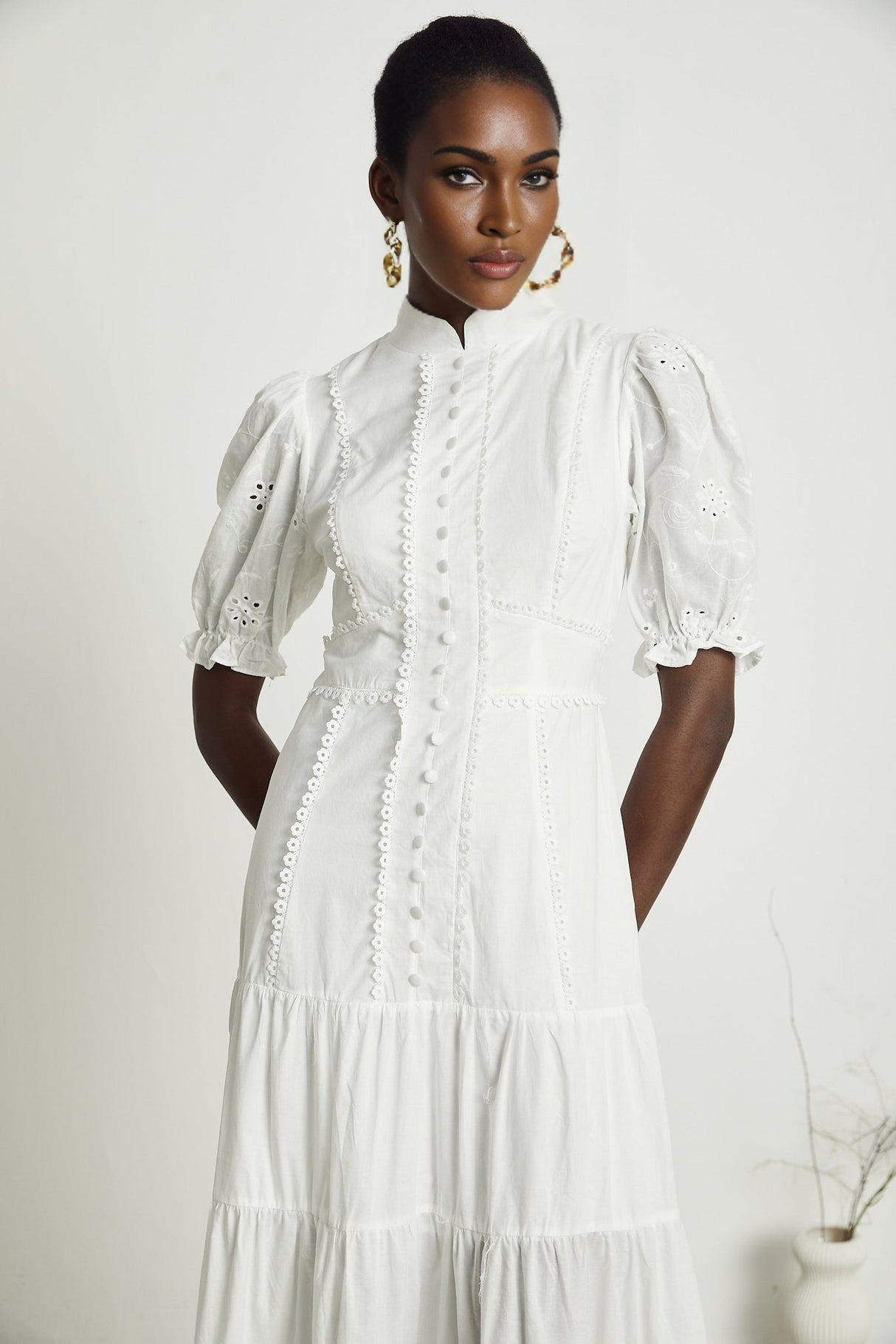 Coline Midi Dress - Soft Round Neckline - Short Puffed Sleeves - Floral Embroidery - Tiered Skirt - Semi - Sheer Style