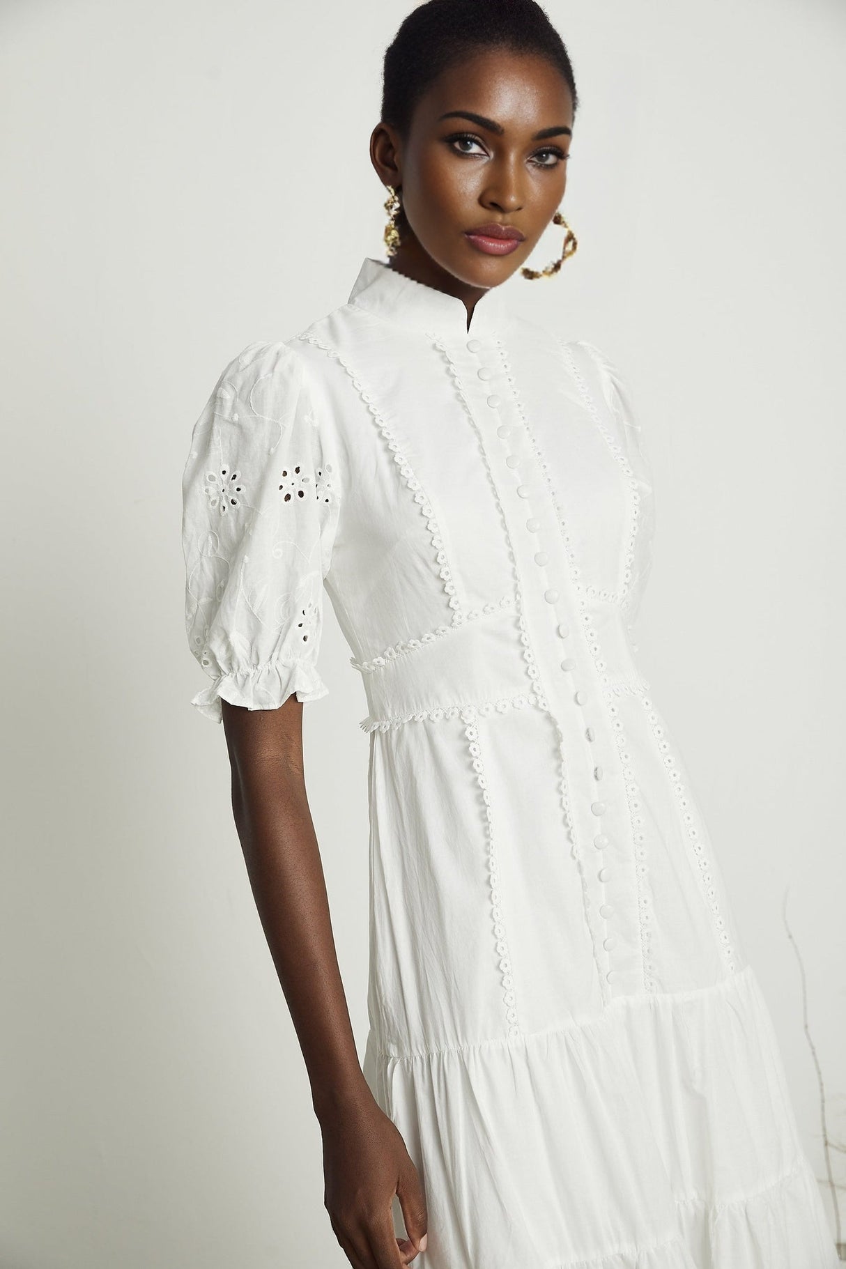 Coline Midi Dress - Soft Round Neckline - Short Puffed Sleeves - Floral Embroidery - Tiered Skirt - Semi - Sheer Style