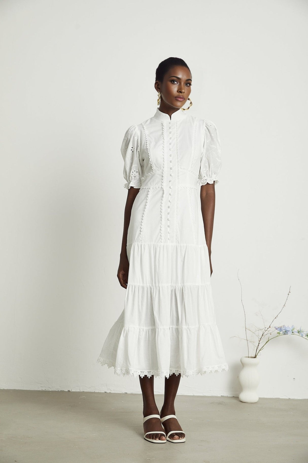 Coline Midi Dress - Soft Round Neckline - Short Puffed Sleeves - Floral Embroidery - Tiered Skirt - Semi - Sheer Style