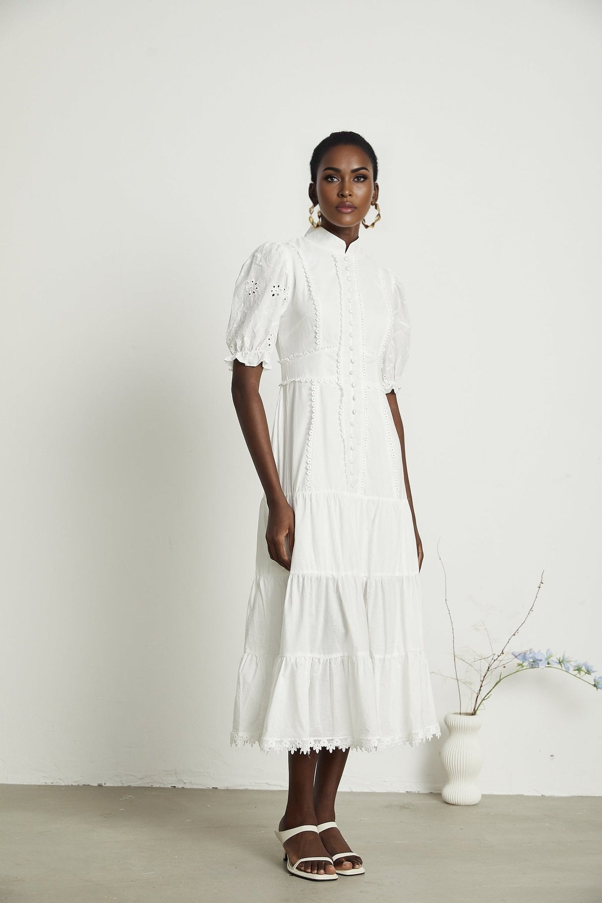 Coline Midi Dress - Soft Round Neckline - Short Puffed Sleeves - Floral Embroidery - Tiered Skirt - Semi - Sheer Style
