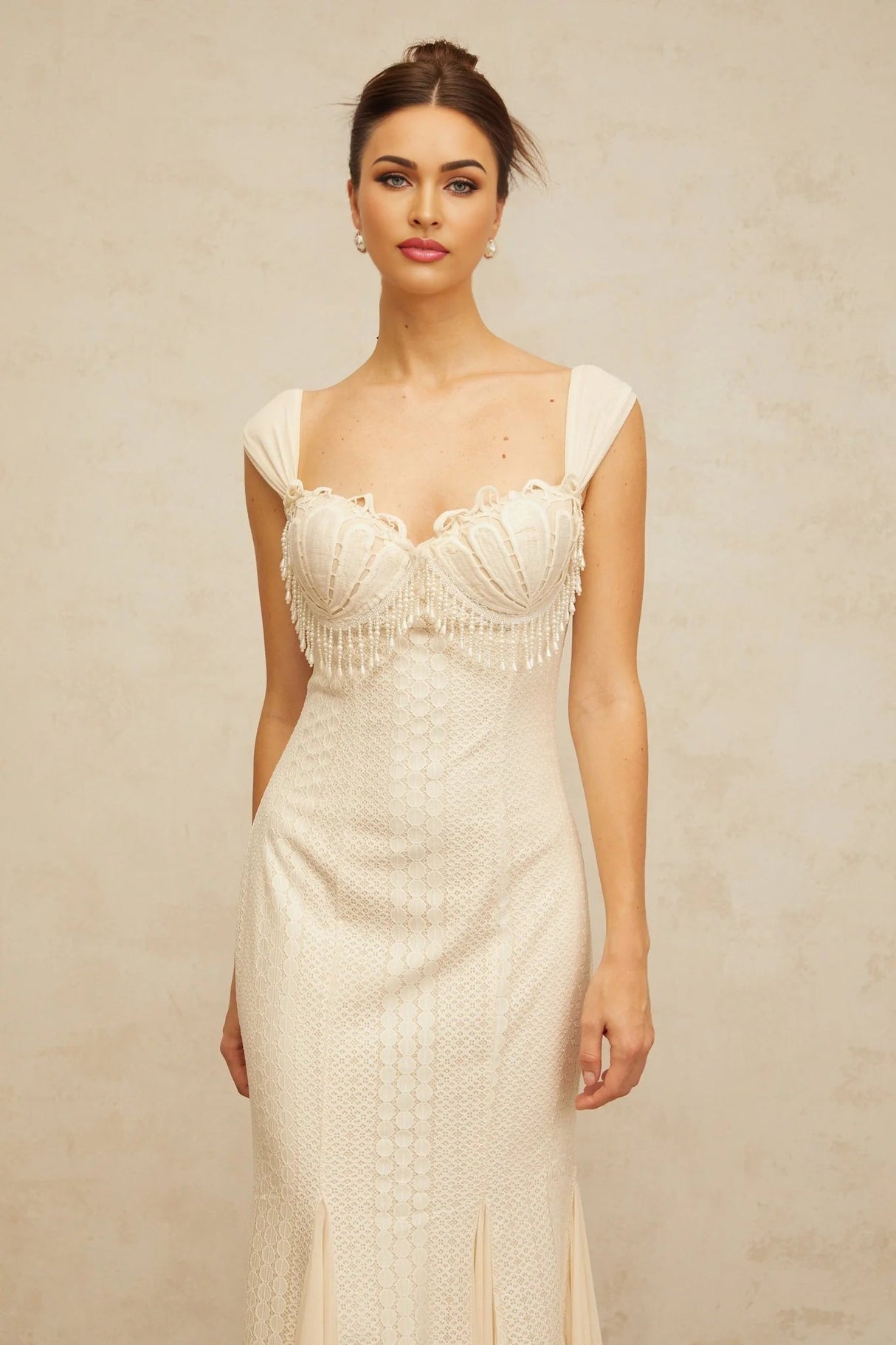 Colomba Maxi Dress Cream - White Faux - Pearl Embellished Feminine Flare