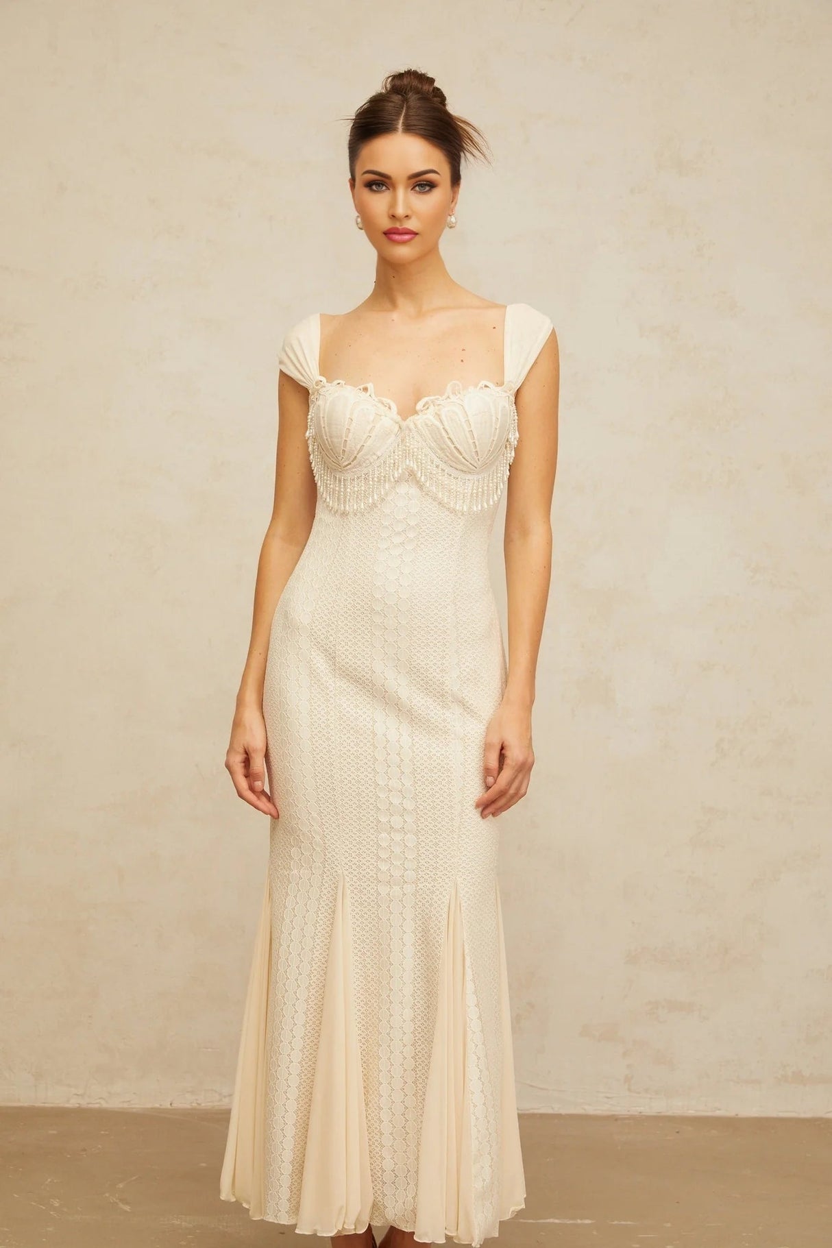 Colomba Maxi Dress Cream - White Faux - Pearl Embellished Feminine Flare